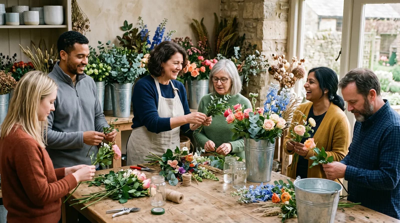 A florist conditioning stems at a workbench surrounded by seasonal flowers
