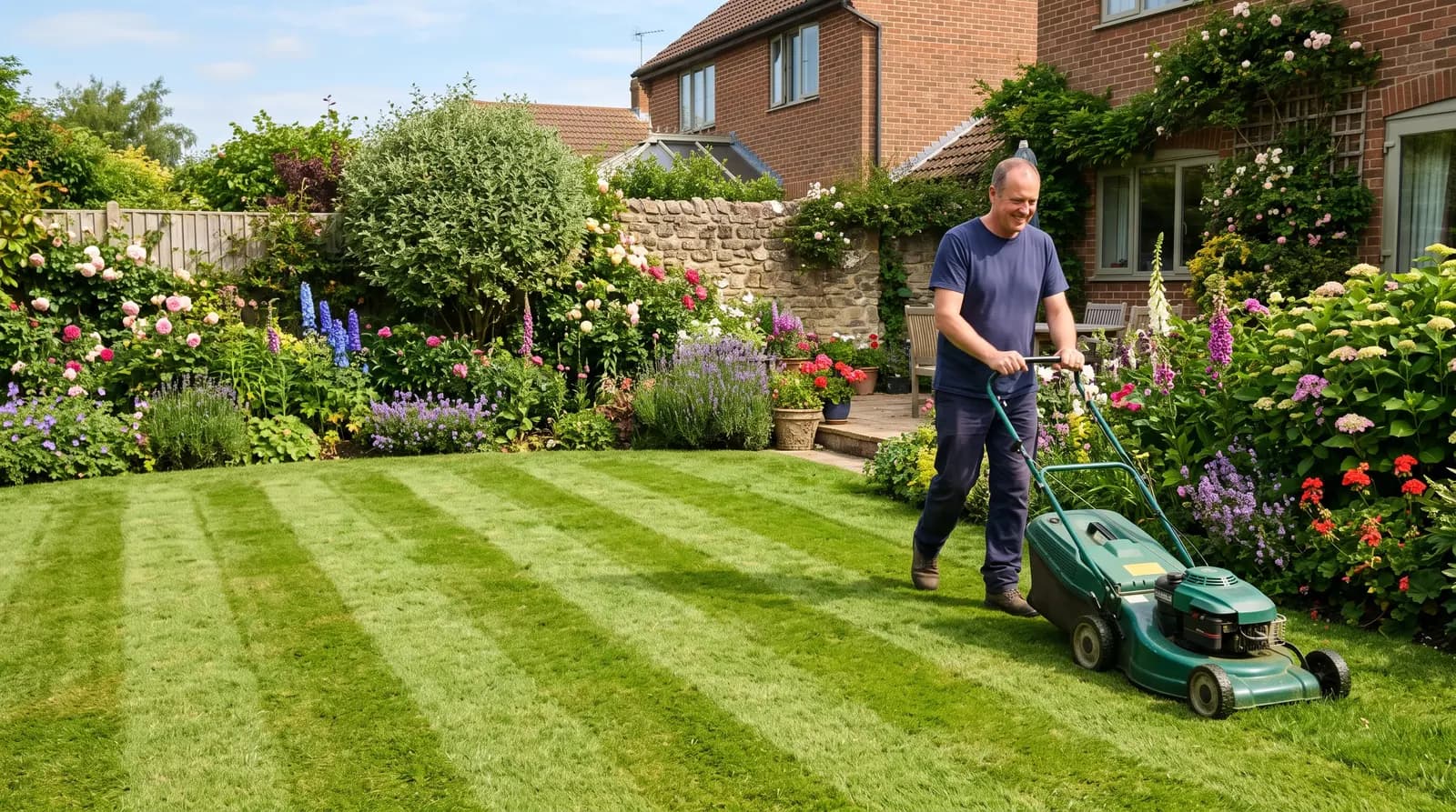 A gardener mowing neat stripes into a back-garden lawn