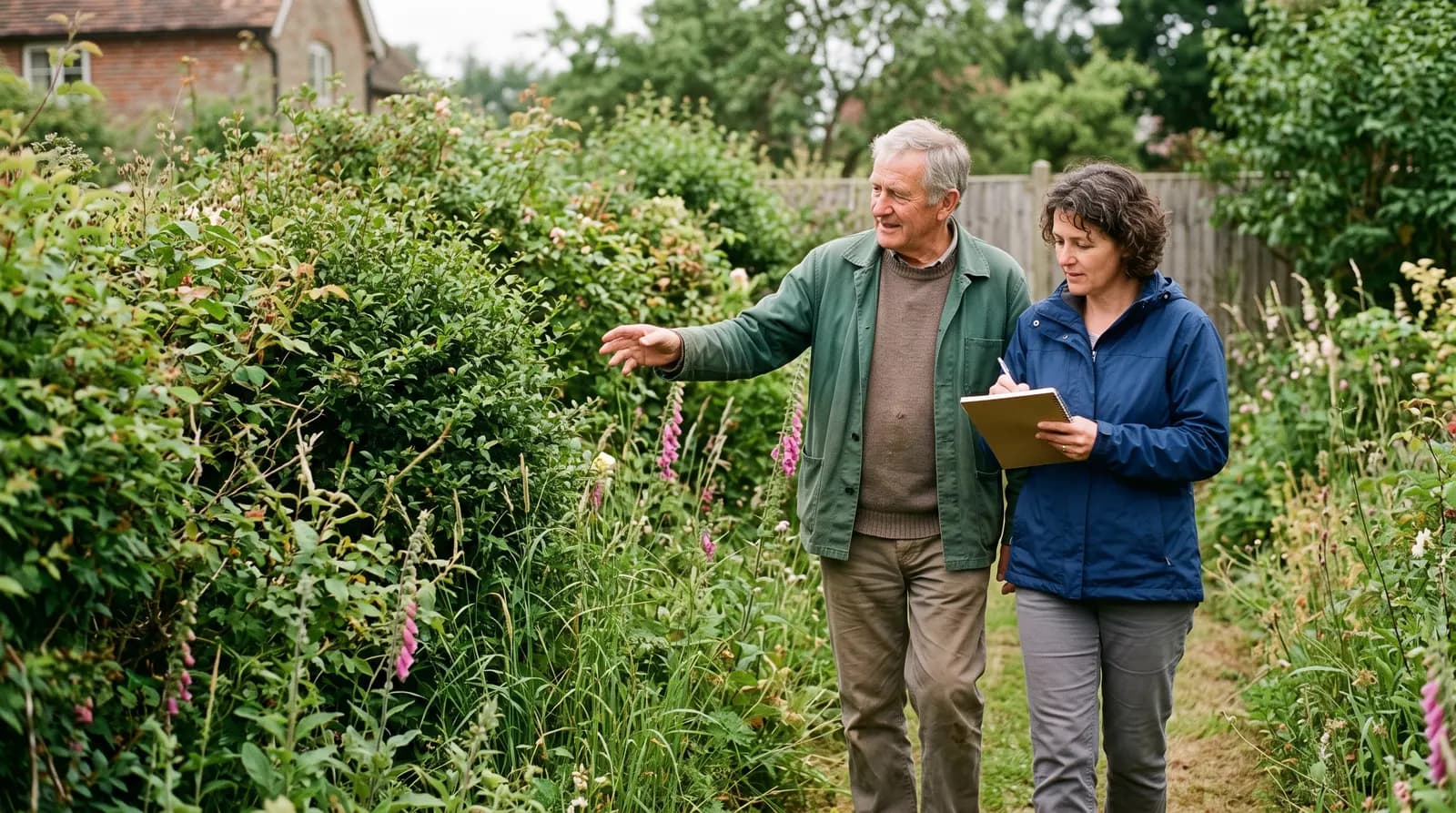 A gardener discussing a job with a homeowner in the garden