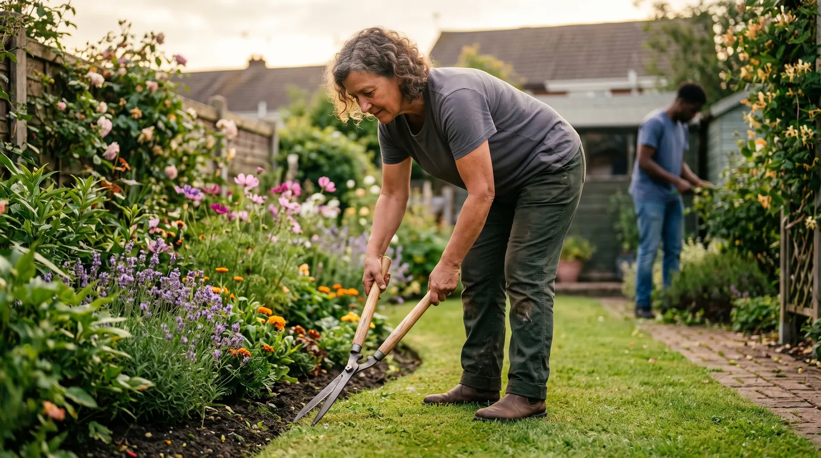 A gardener mowing a lawn on a regular maintenance round