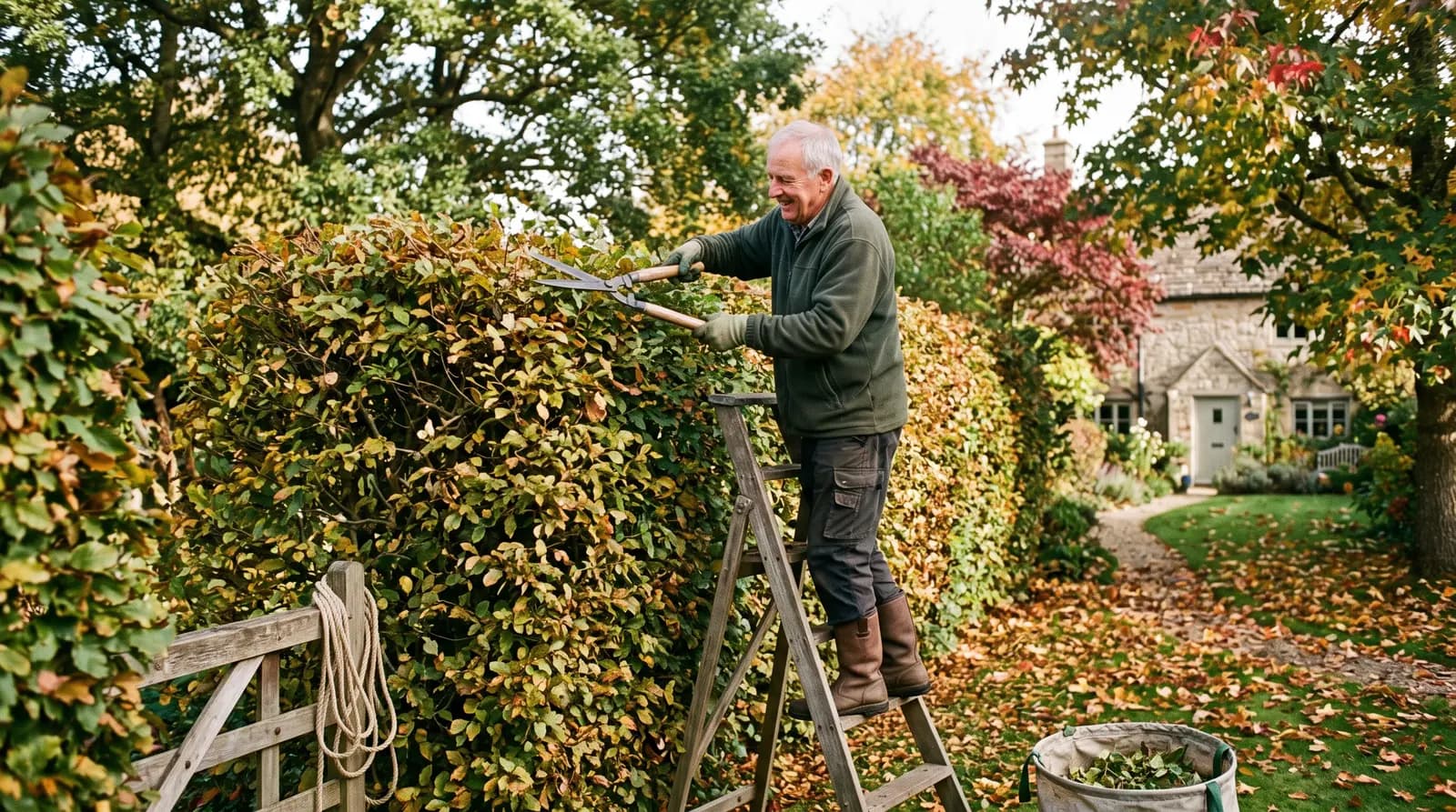 A gardener tending a border in a well-kept garden