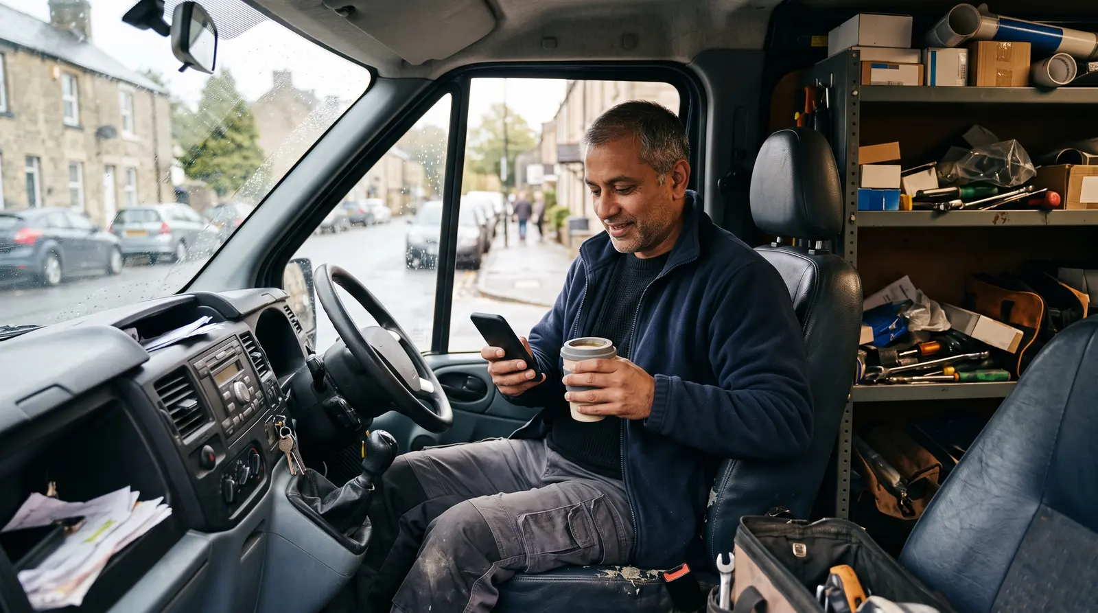 A gas engineer in his van between jobs checking his phone with a coffee, screen not visible