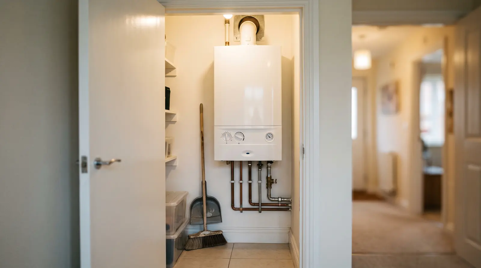A newly serviced boiler with its cover back on in a tidy utility room, nobody in the picture