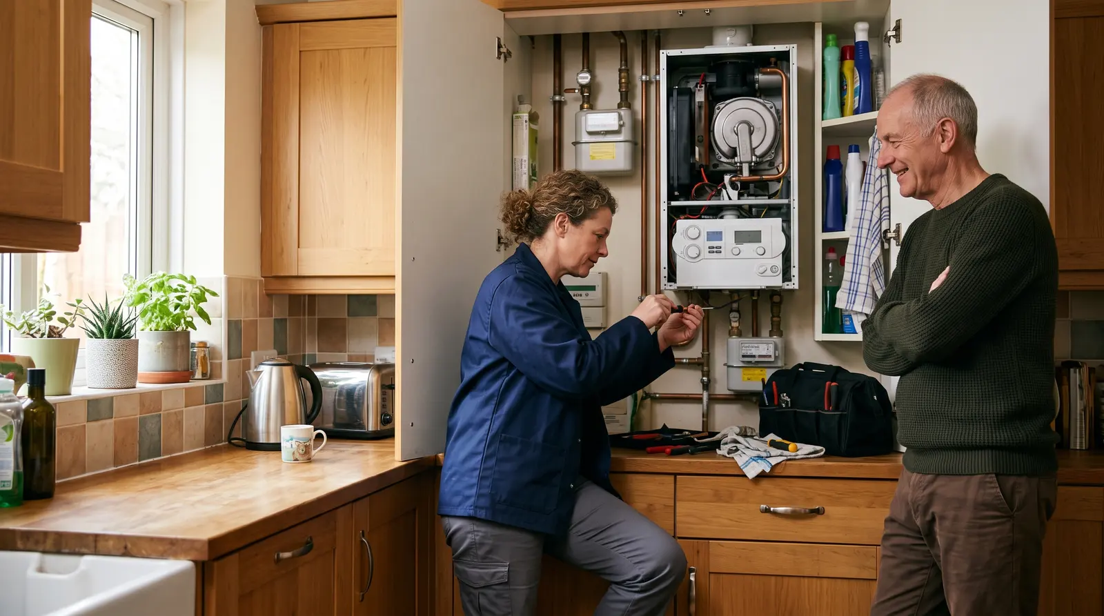 A Gas Safe engineer servicing a wall-mounted boiler in a UK kitchen at a booked visit, calm and methodical