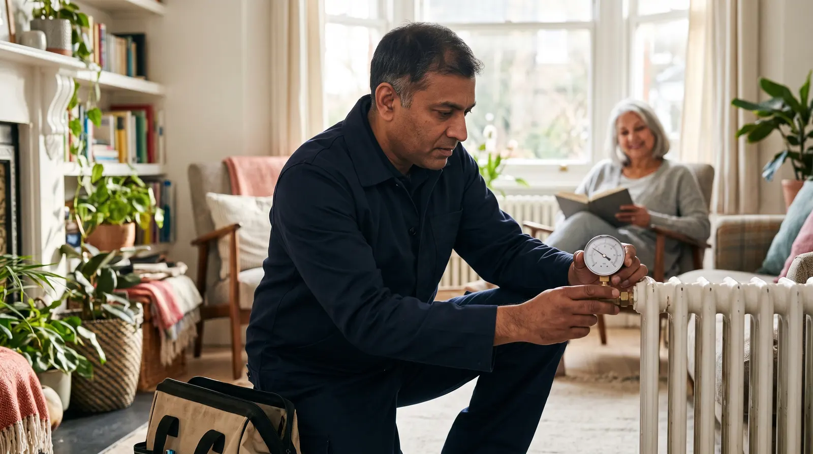 A gas engineer working on a radiator valve in a home, focused on the job