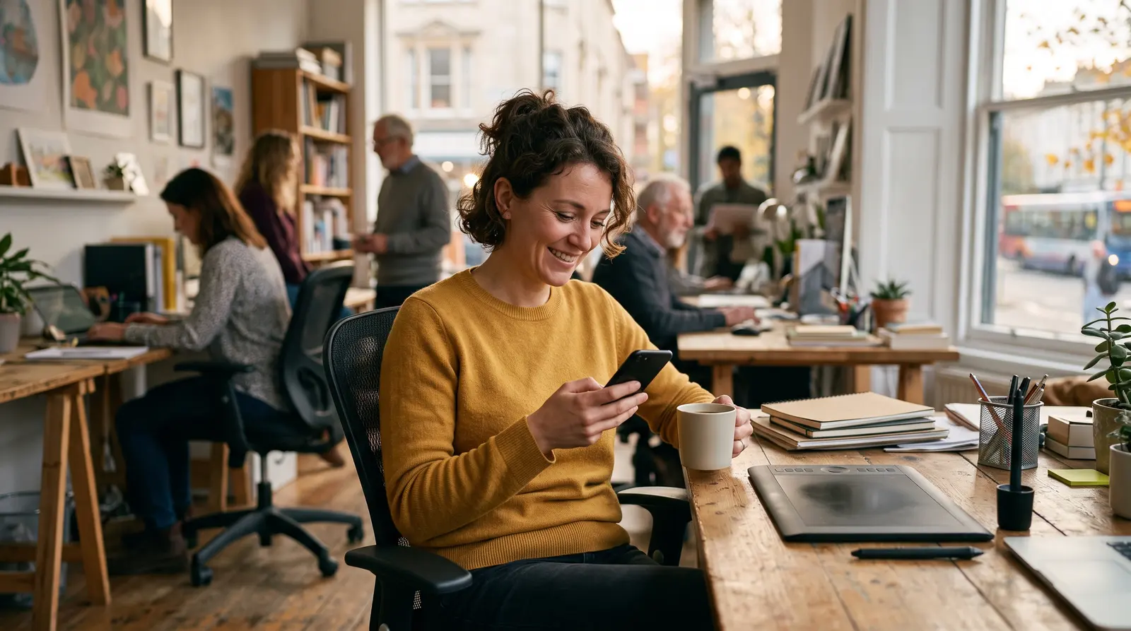 A graphic designer checking her phone on a break with a coffee