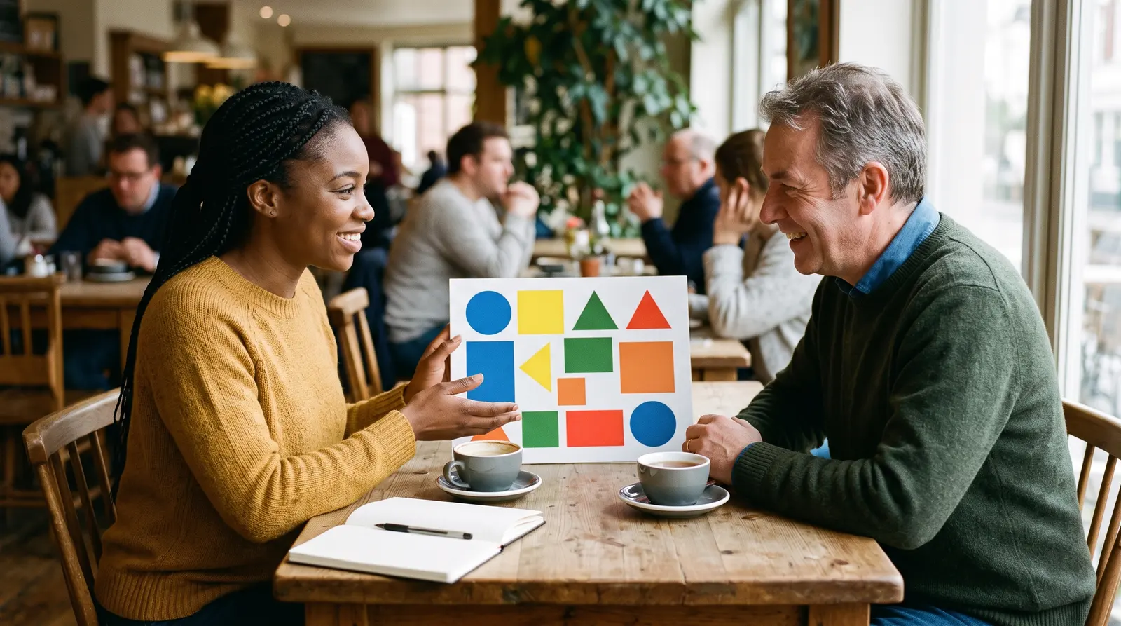 A graphic designer on a video call talking through ideas, the screen angled away