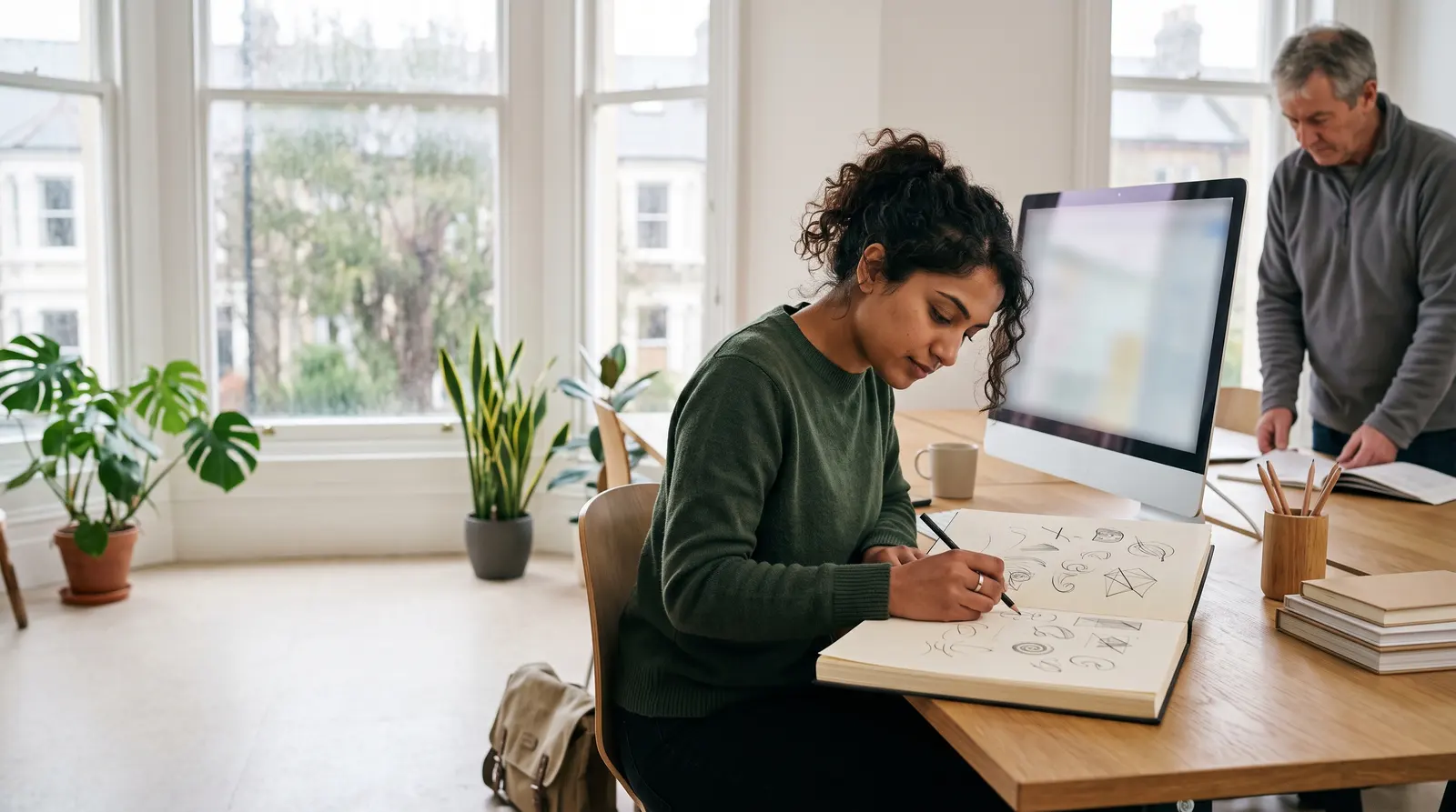 A graphic designer sketching logo ideas on paper at a desk beside a screen angled away