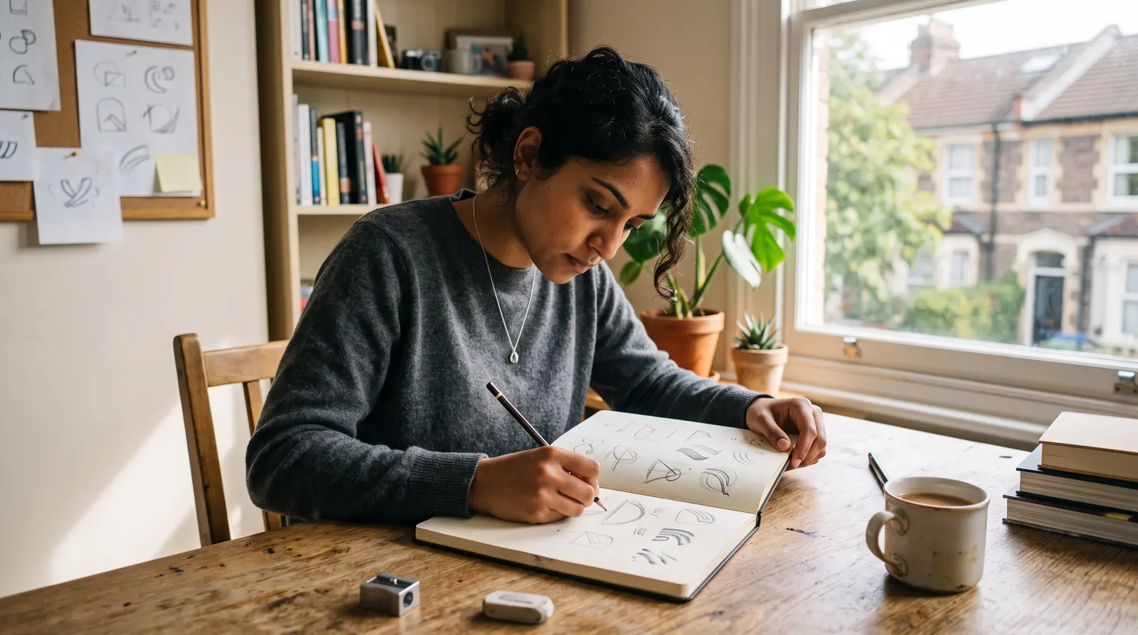A graphic designer drawing ideas by hand at a bright desk