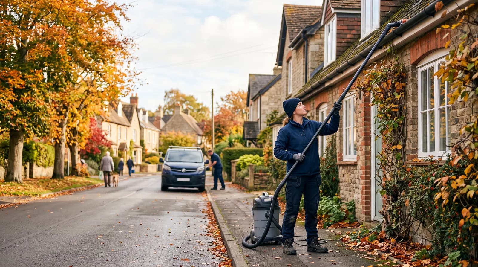 A gutter-cleaning technician clearing a gutter from a ladder on a UK house