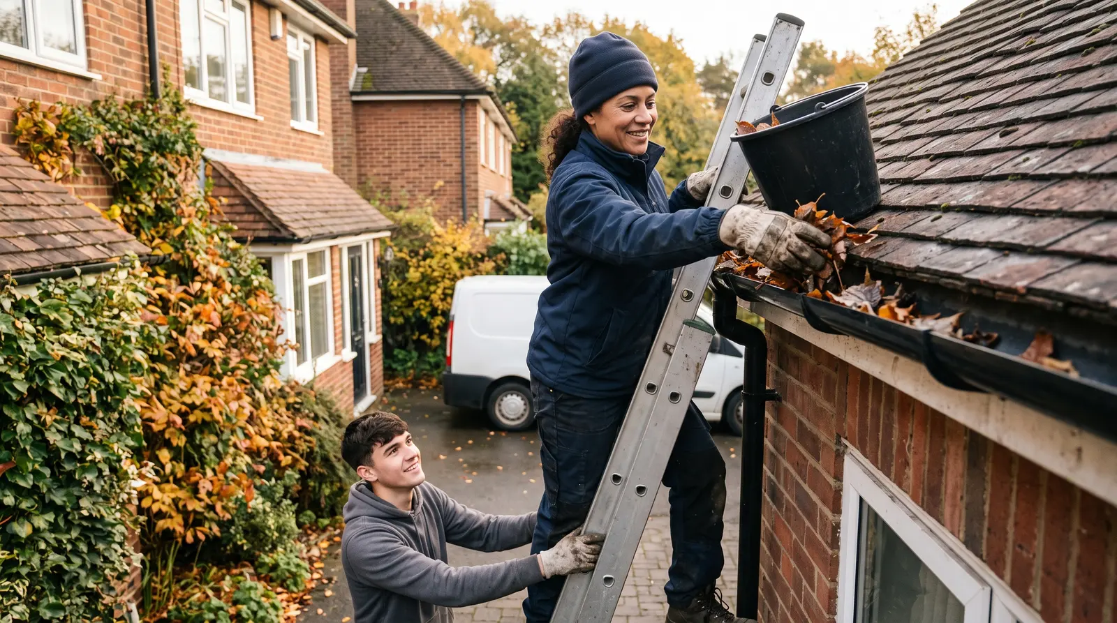 A technician inspecting and clearing a gutter, assessing the job