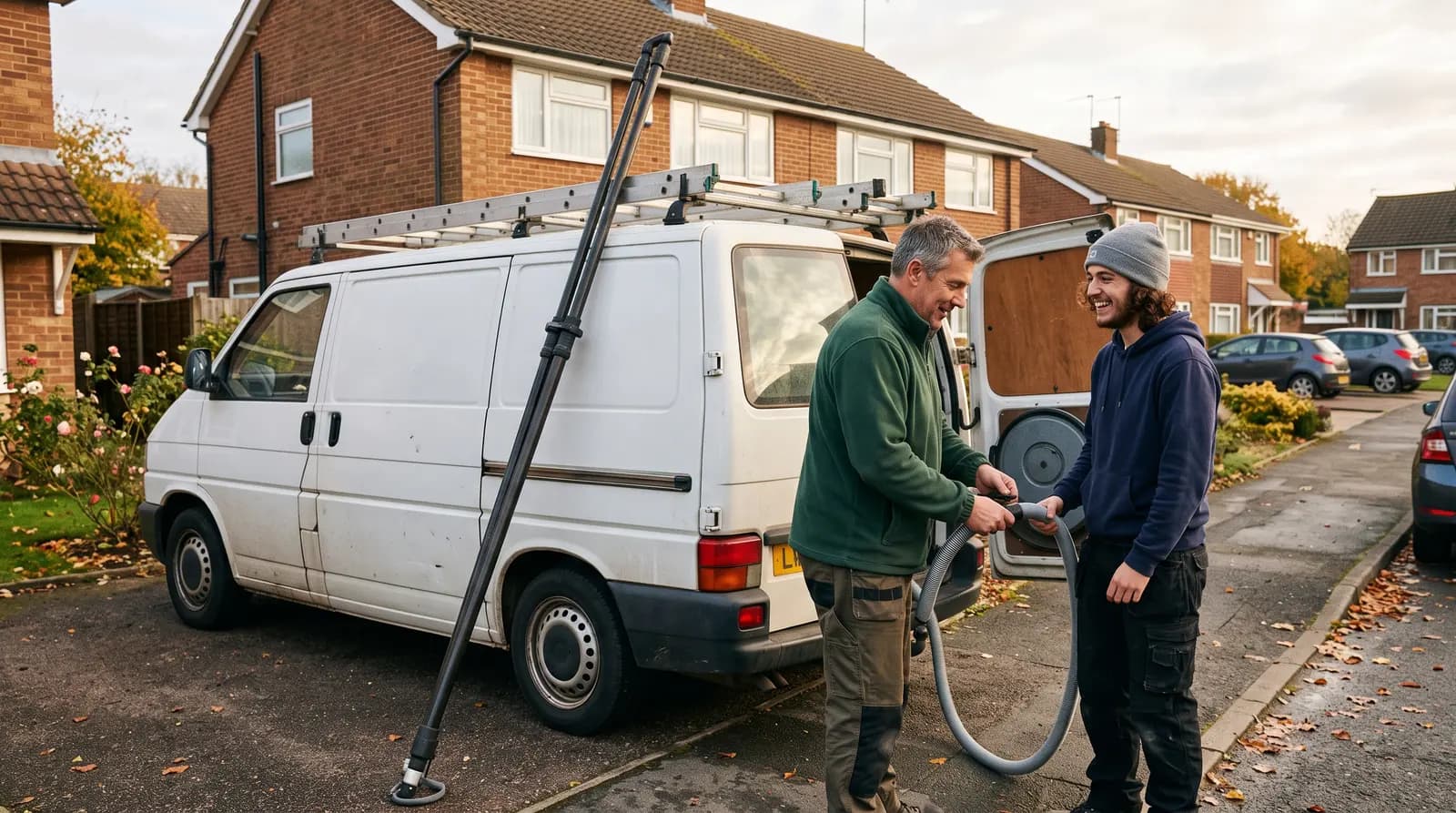 A plain van parked on a quiet UK residential street for a gutter job