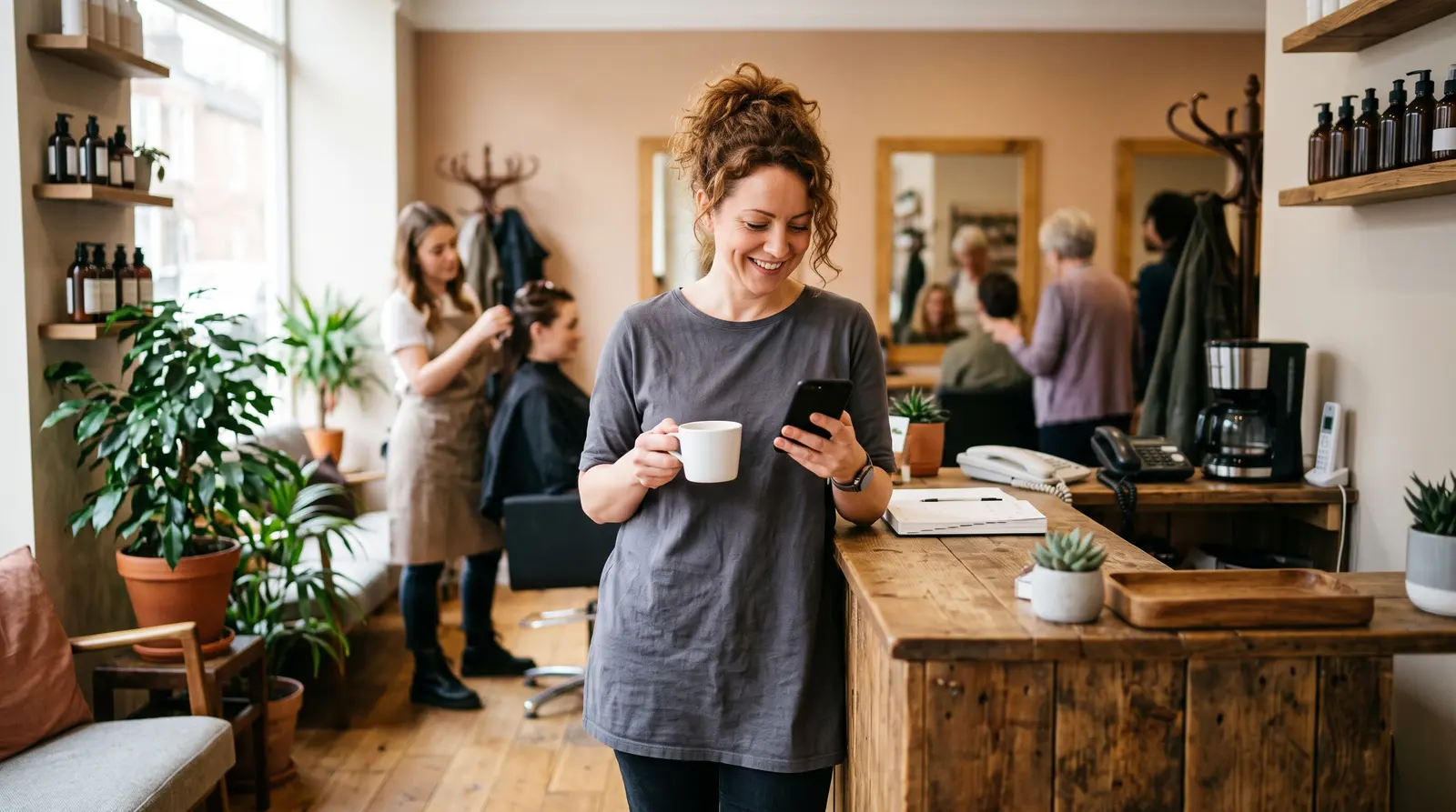 A stylist at the salon reception checking her phone between clients, a coffee beside her