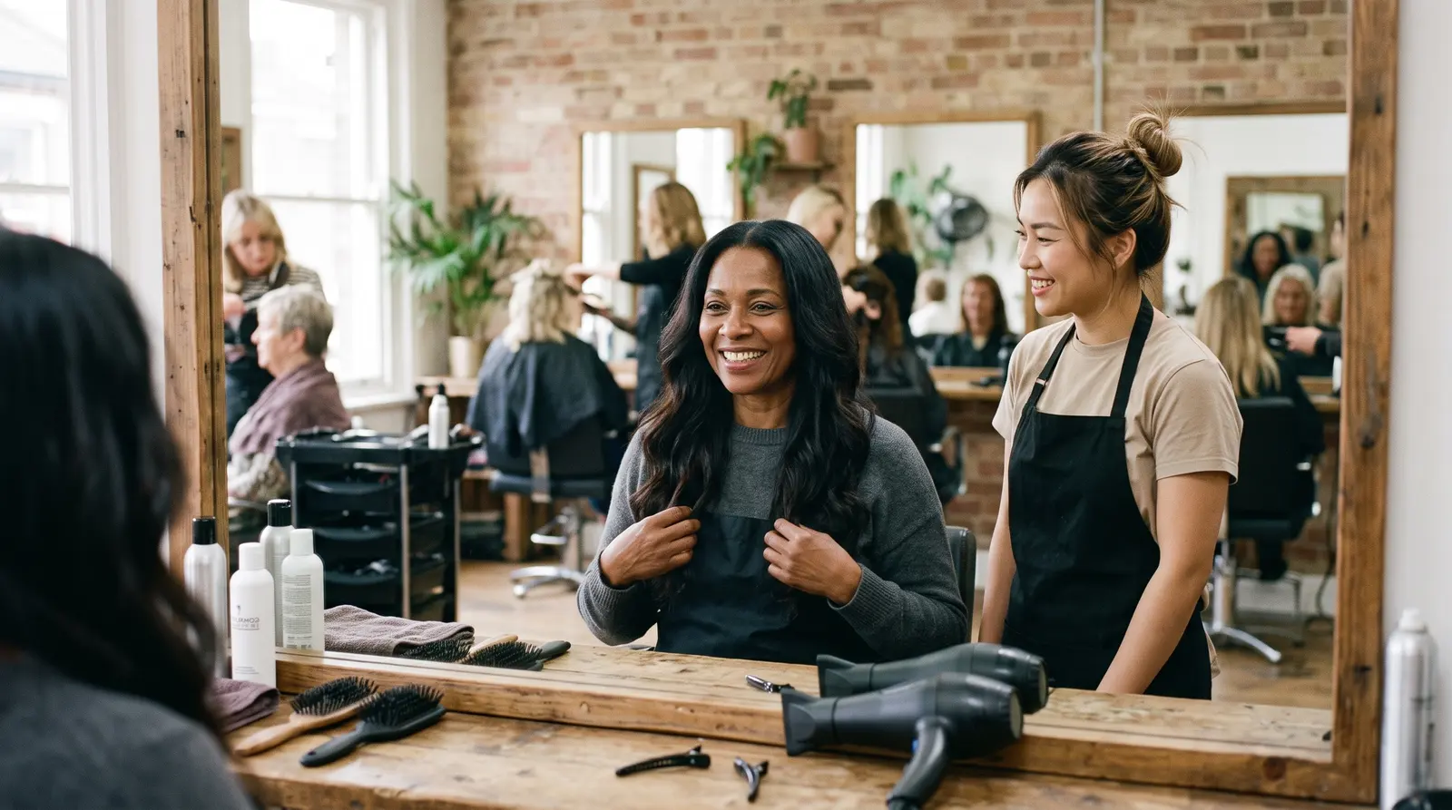A client admiring her long, finished hair in the salon mirror, delighted
