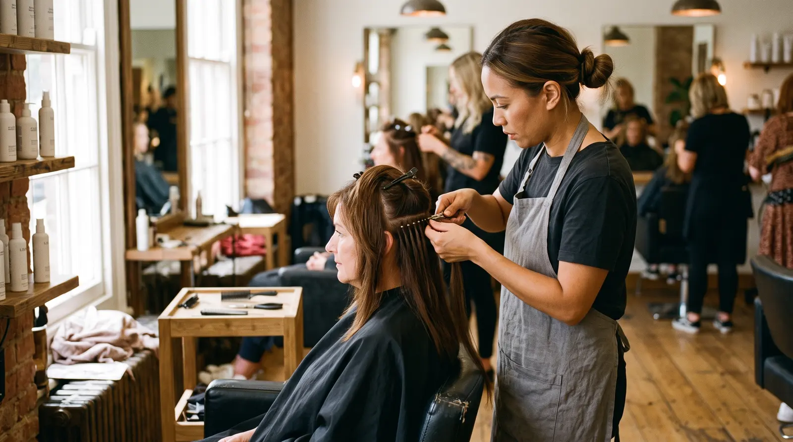 A stylist carefully fitting wefts of hair extensions, working section by section