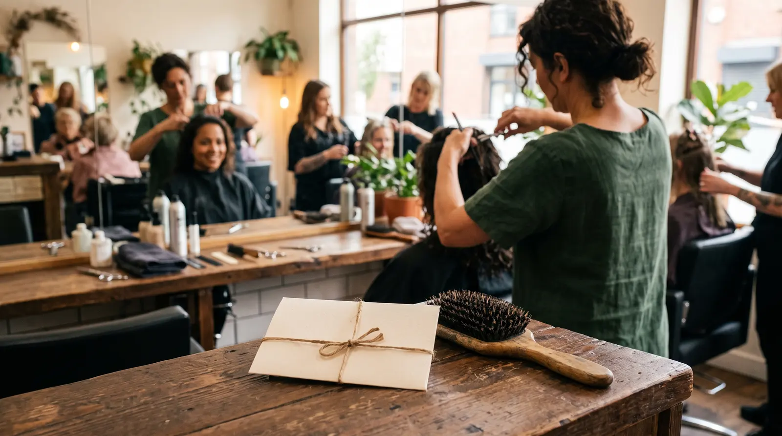 A cream gift envelope tied with a ribbon on a salon styling station