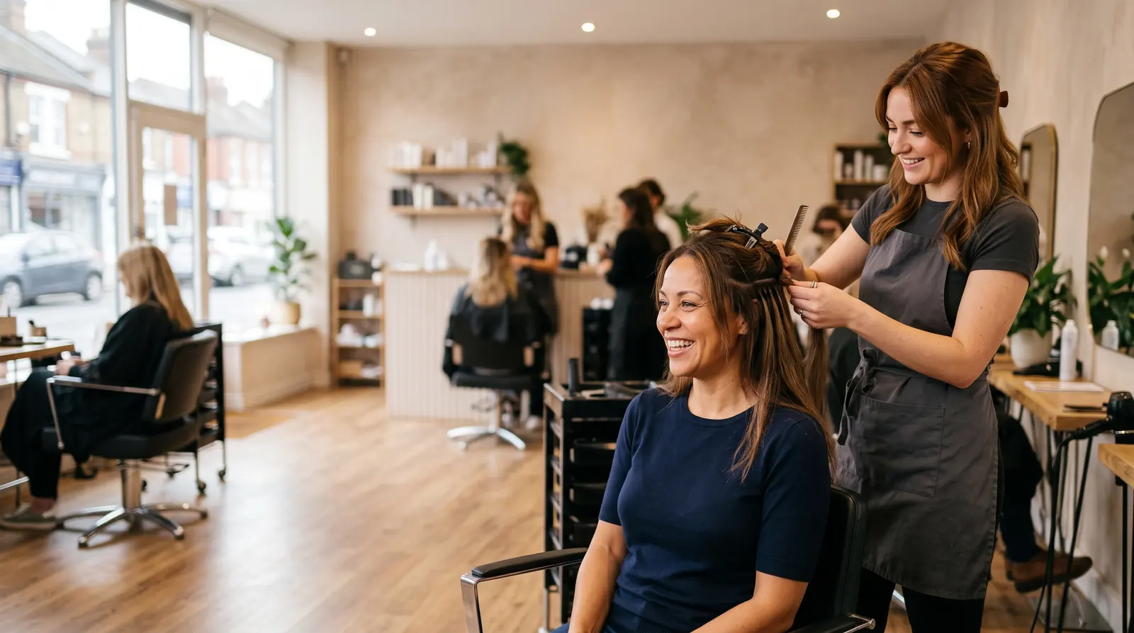 A stylist fitting hair extensions for a client in a bright salon, both focused