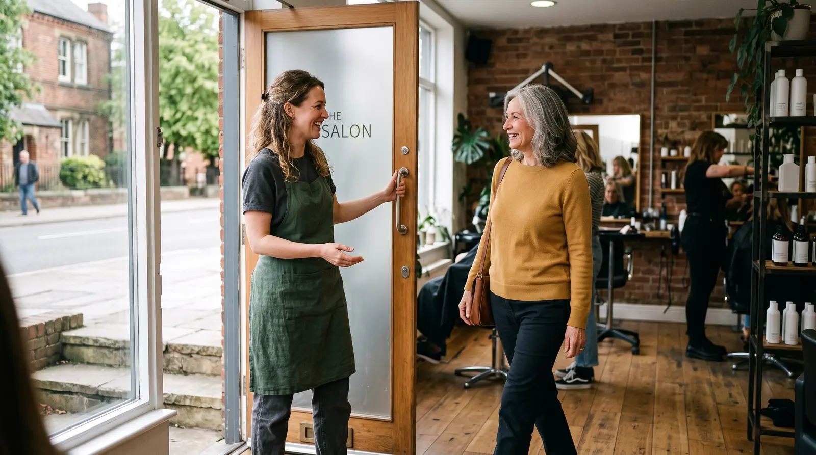 A stylist welcoming a returning client back for a maintenance appointment