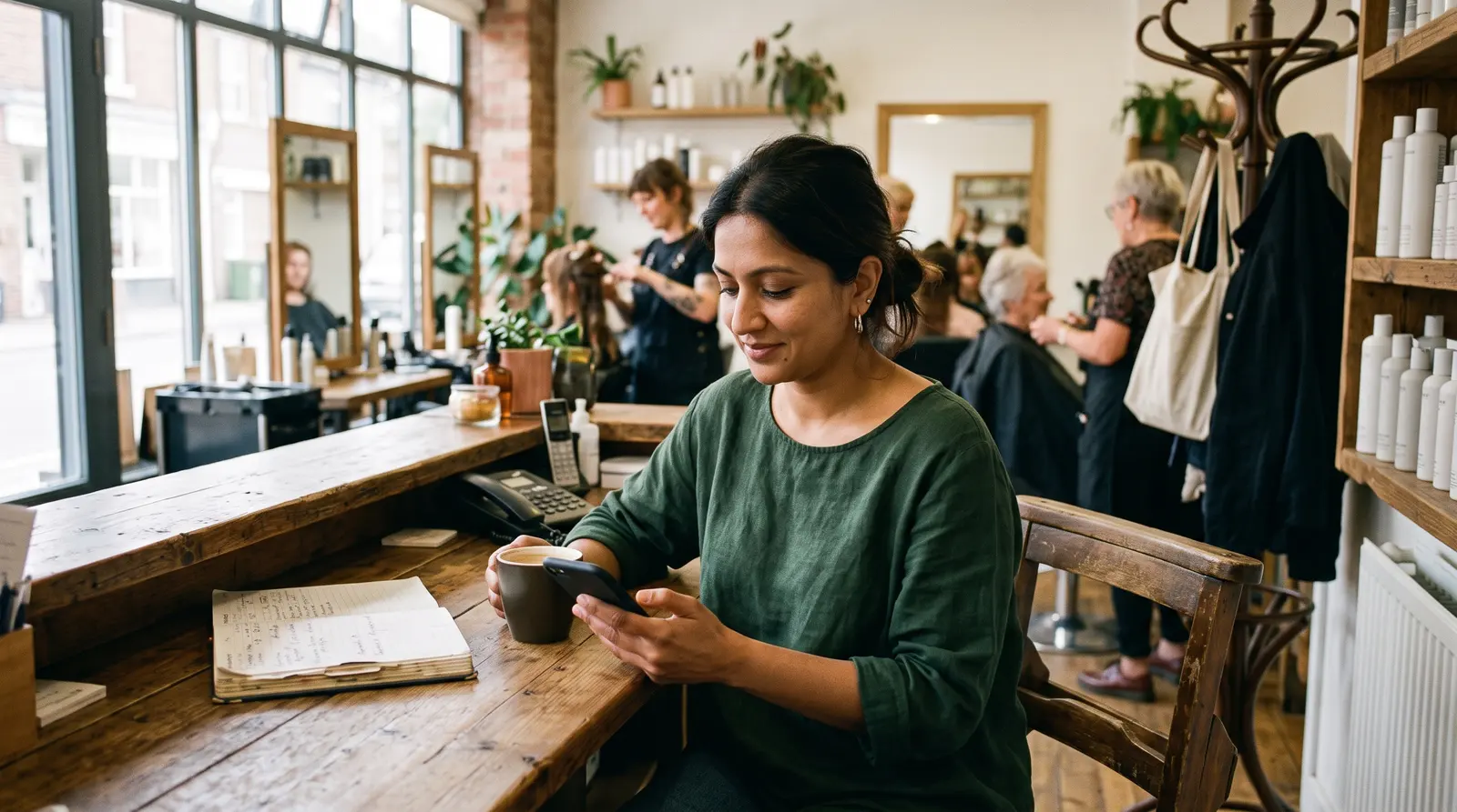 A hairdresser at the salon reception checking her phone between clients, a coffee beside her