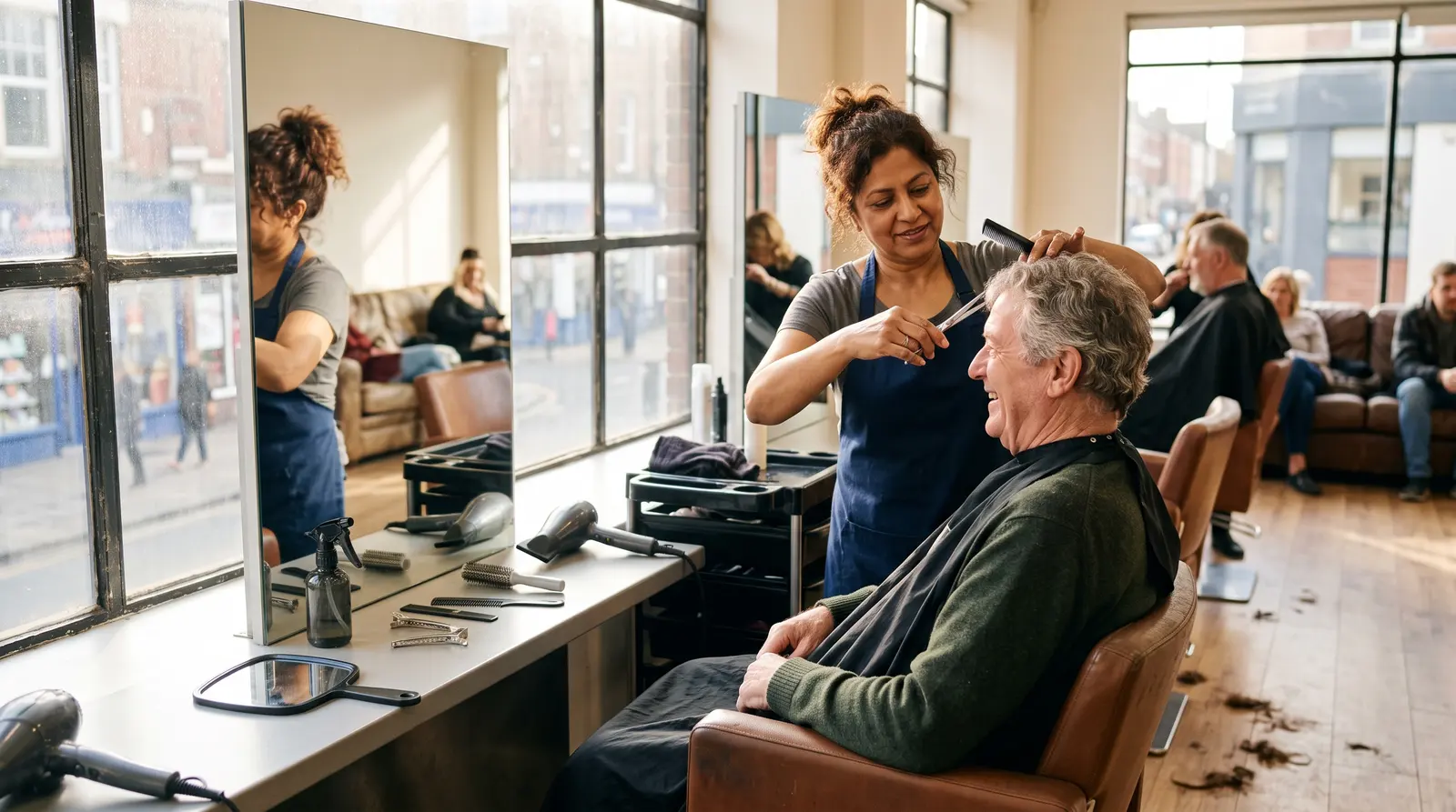 A hairdresser cutting a regular client’s hair at the chair in a sunlit salon