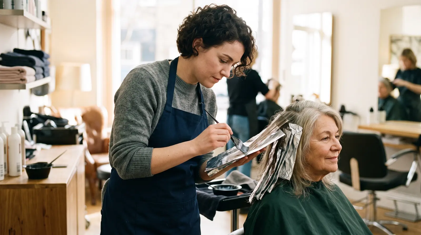 A hairdresser painting colour onto a client’s foiled hair in a bright salon