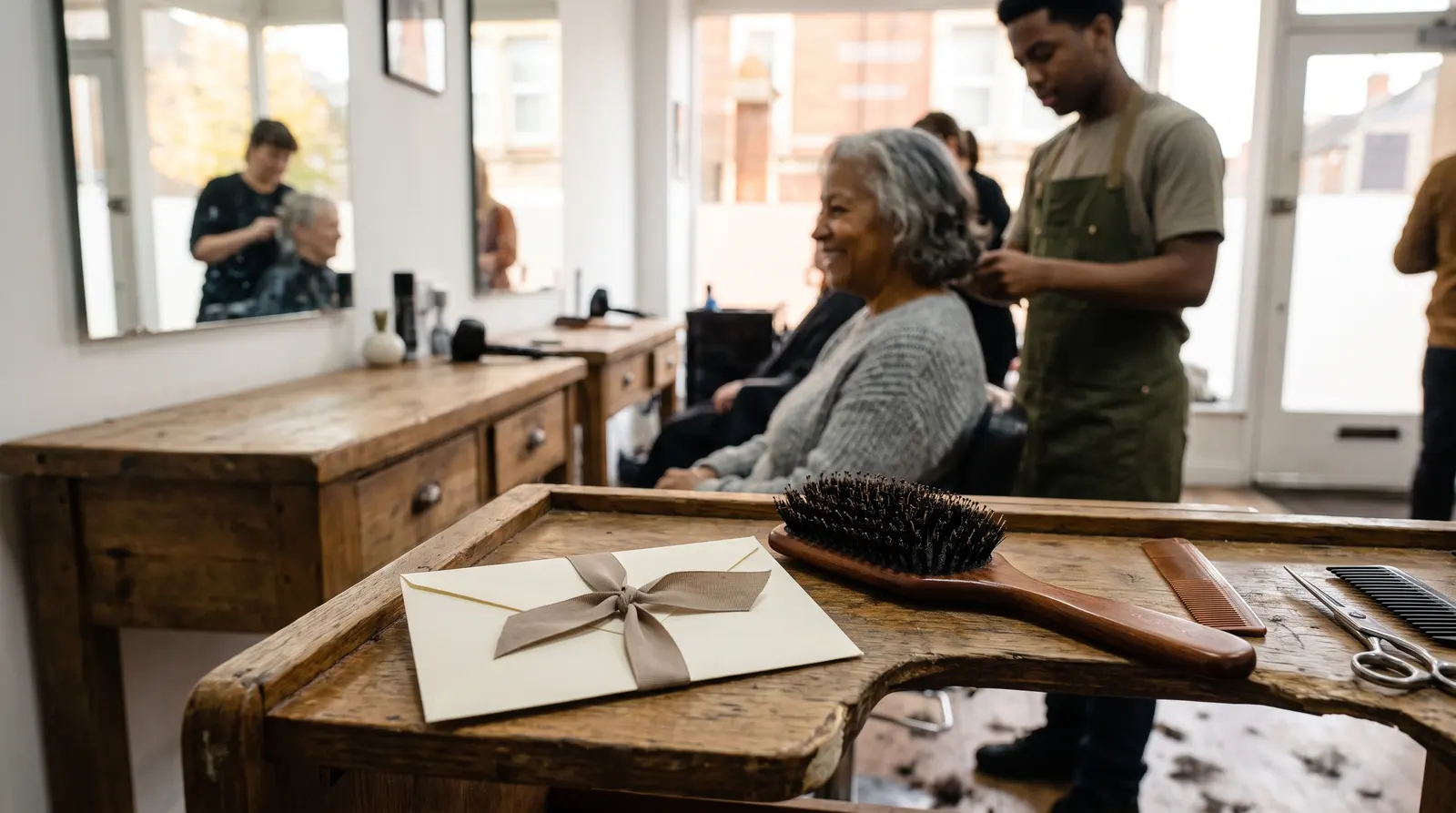 A cream gift envelope tied with a ribbon resting on a salon styling station