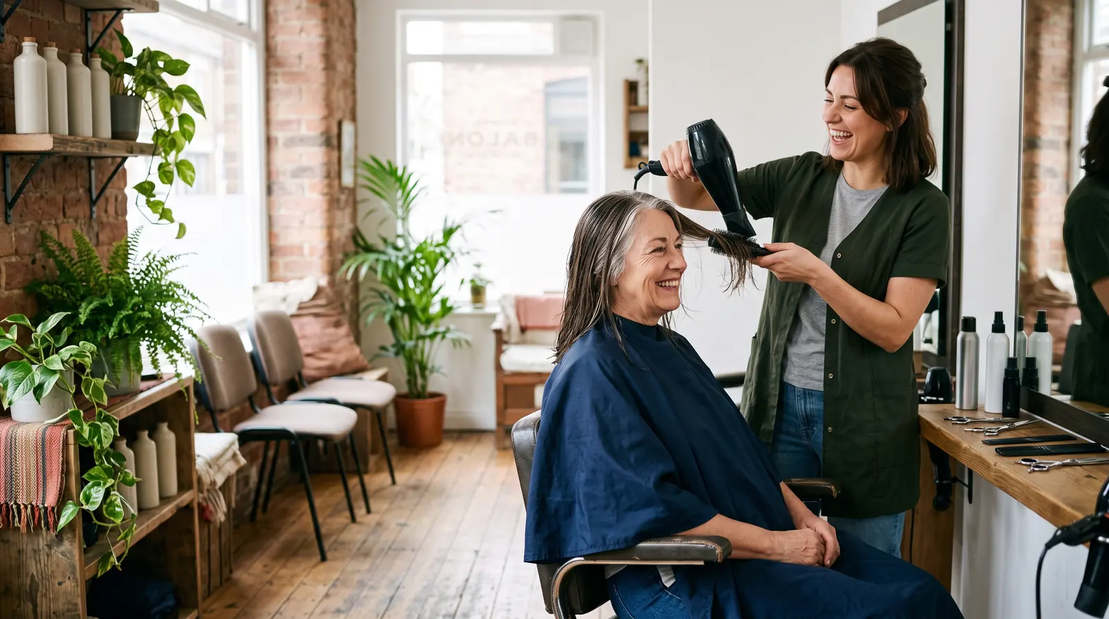 A hairdresser blow-drying a client’s hair at the chair in a bright independent salon, both smiling
