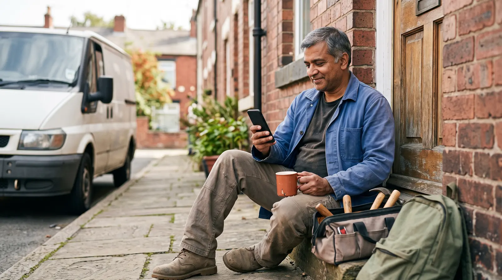 A handyman in his van between jobs checking his phone with a coffee, screen not visible