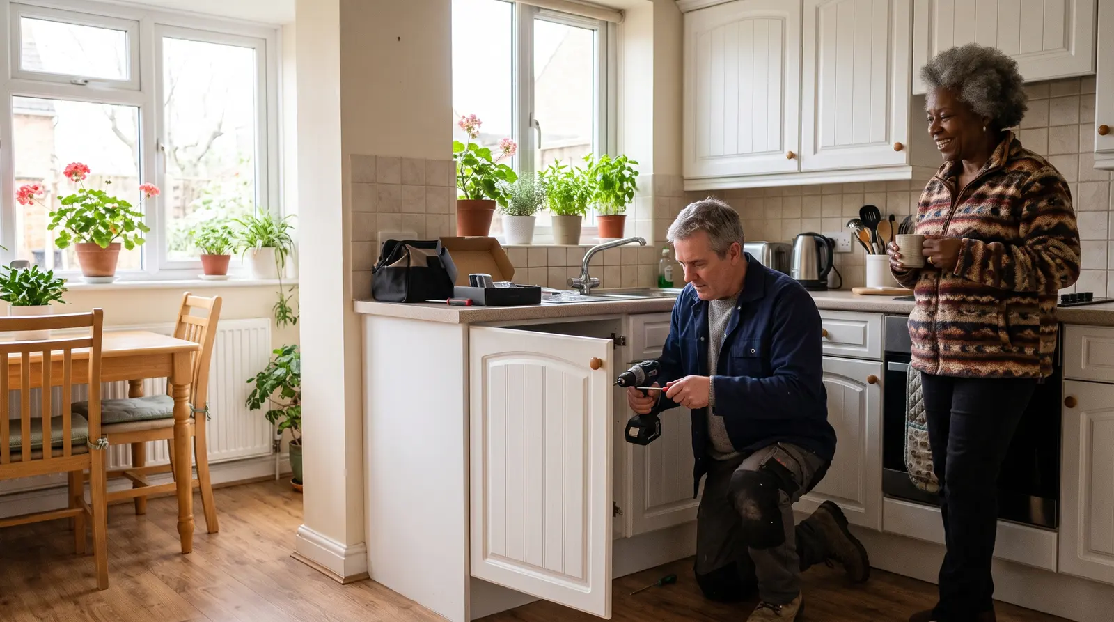 A handyman fixing a kitchen cupboard door for a homeowner in a bright UK kitchen, both pleased with the result