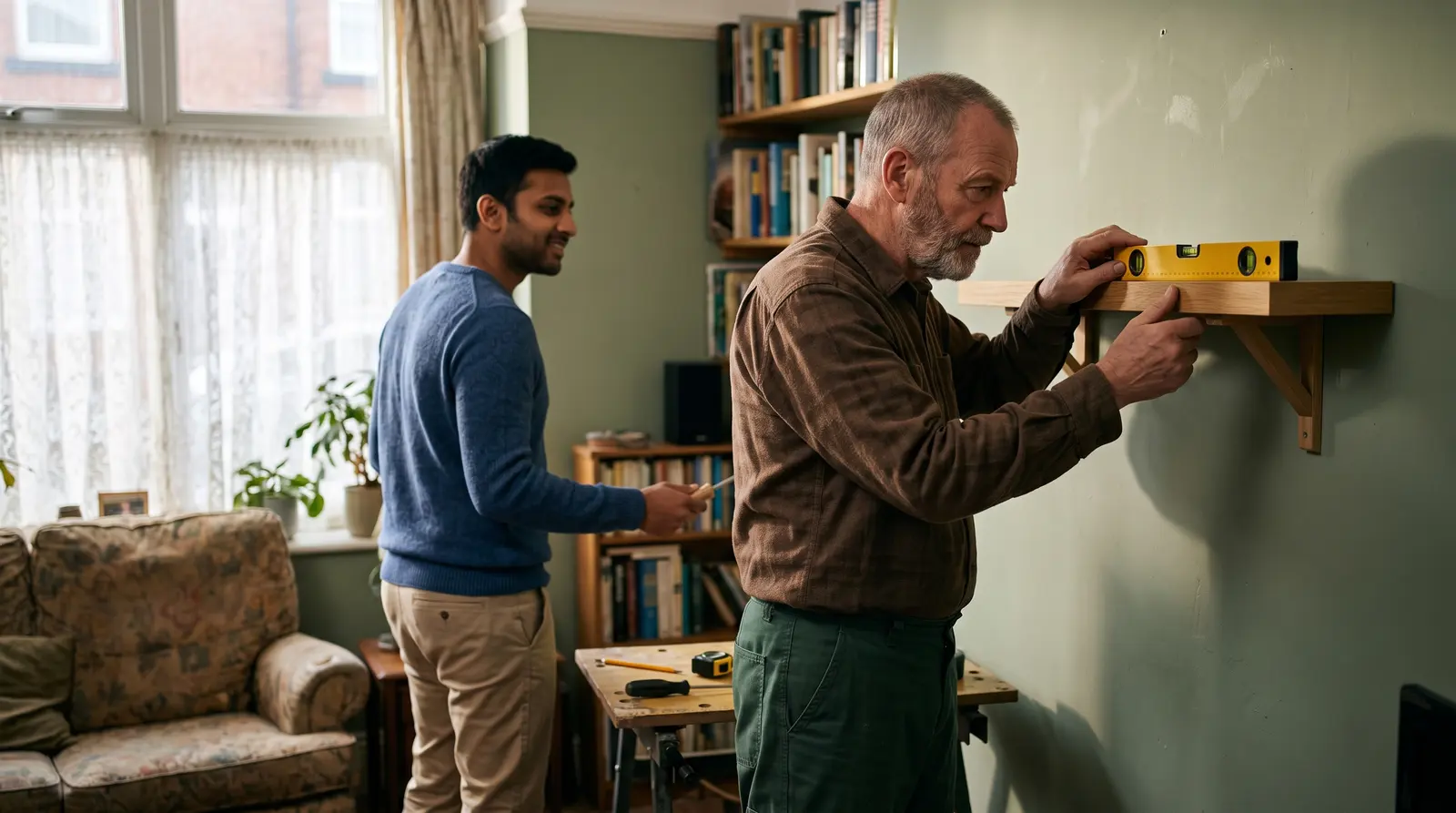 A handyman putting up a shelf on a living-room wall, measuring carefully