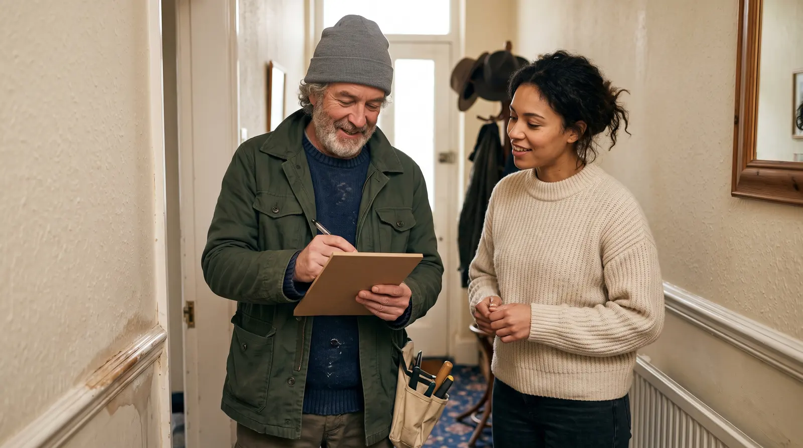 A handyman talking with a homeowner in a hallway, looking over a job and making notes on a plain pad