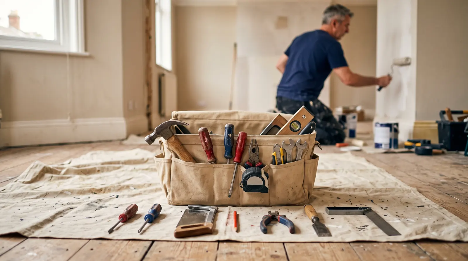 A tidy handyman tool bag open on a workbench with plain unbranded tools, nobody in the picture