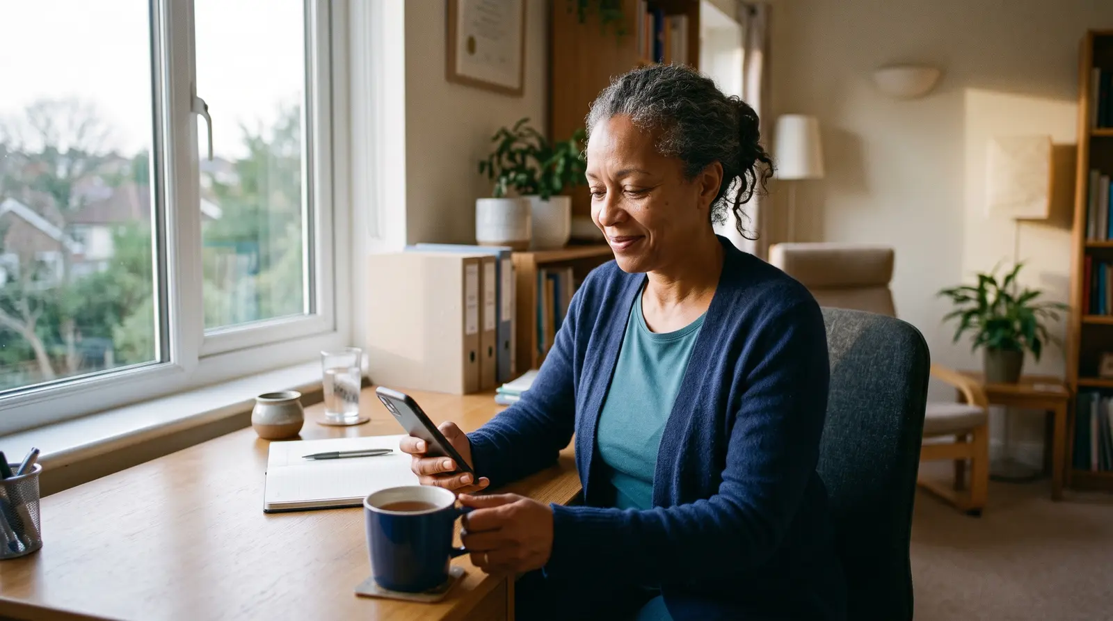 A hypnotherapist at a tidy desk between clients, checking the phone