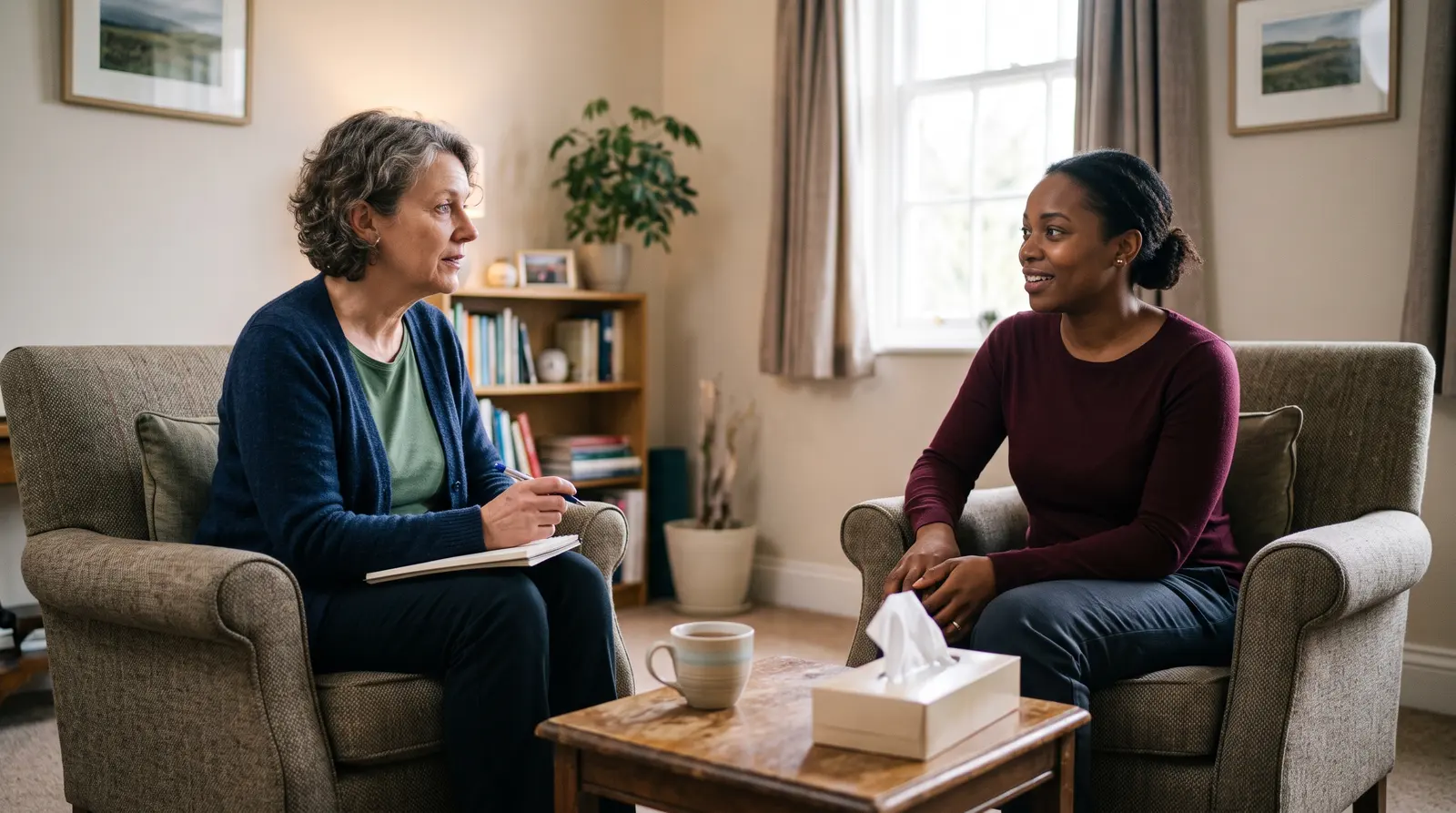 A hypnotherapist talking gently with a new client in a calm room before a first session
