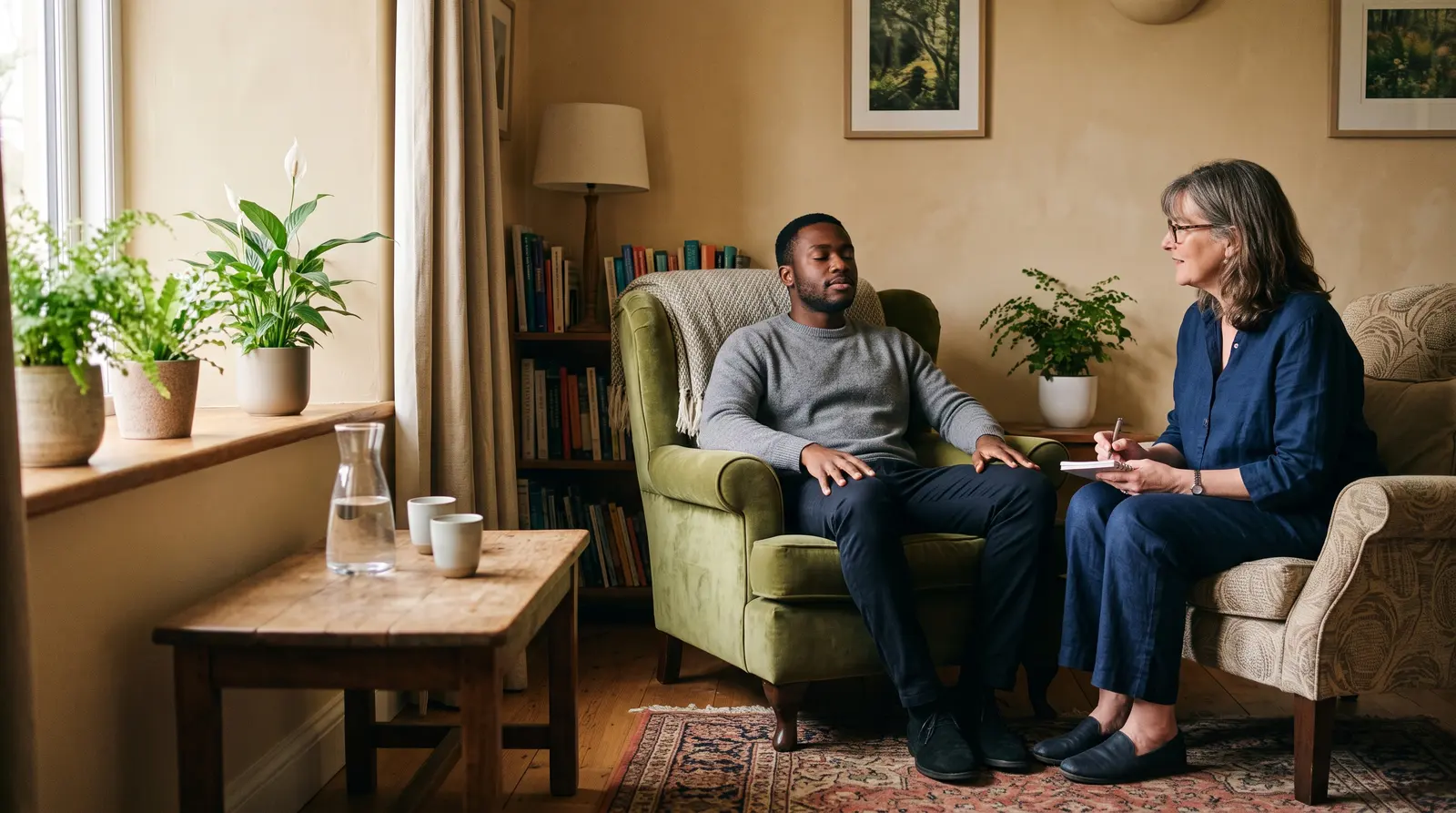 A hypnotherapist sitting with a relaxed client in two comfortable chairs in a calm, softly lit room