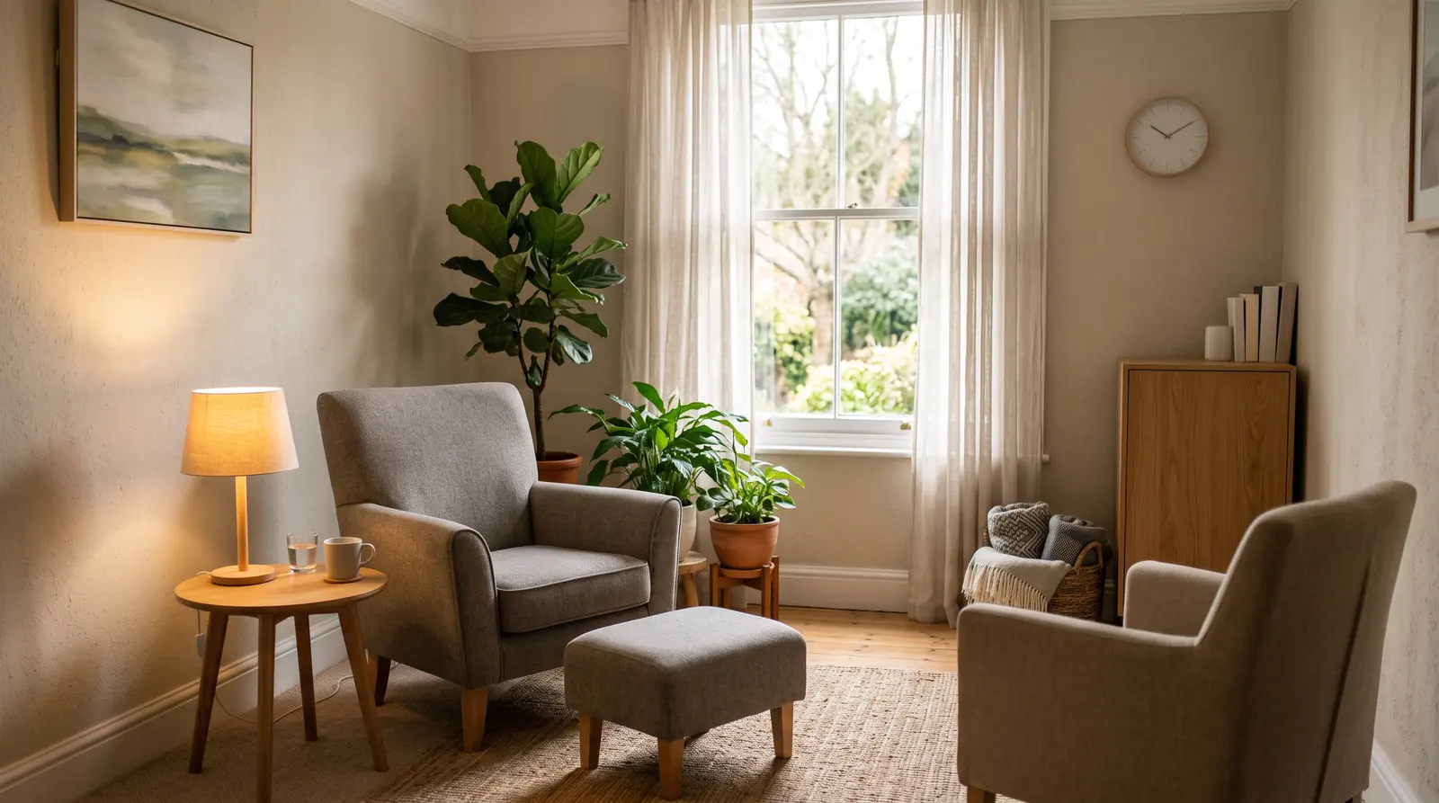 A hypnotherapist and client talking in two comfortable chairs in a calm, softly lit room
