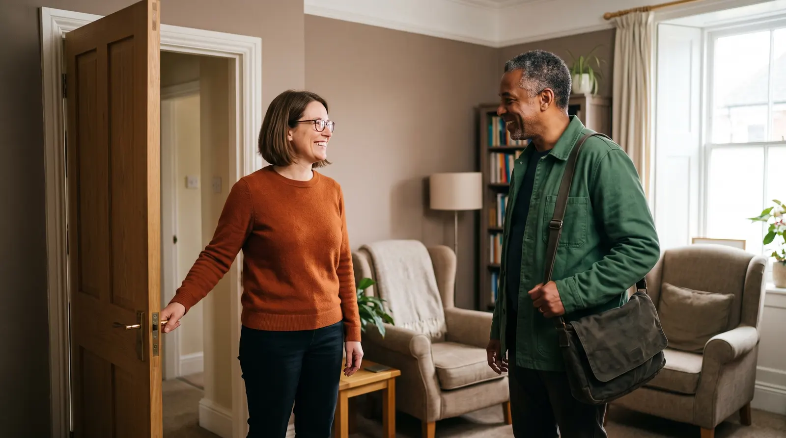 A hypnotherapist welcoming a returning client into a calm, quiet room