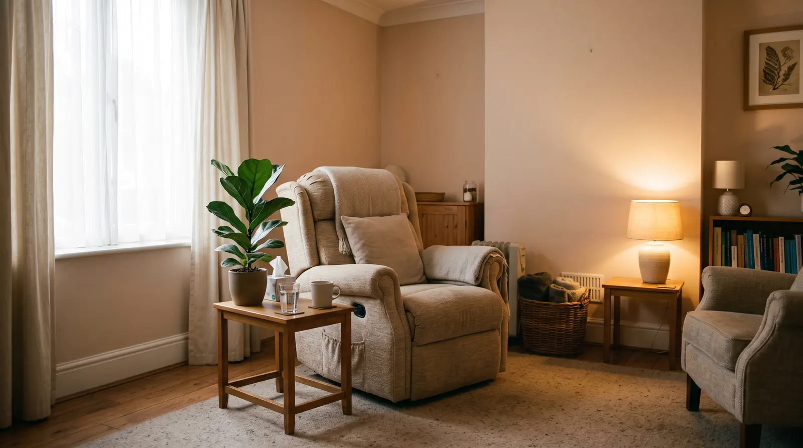A hypnotherapist preparing a calm room with two comfortable chairs and soft light