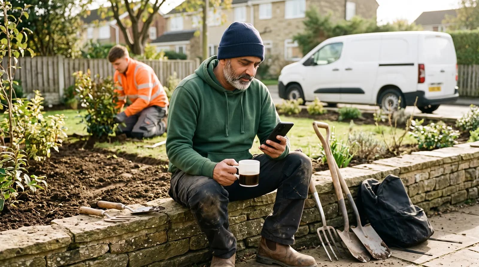 A landscaper in his van between jobs checking his phone with a coffee, screen not visible