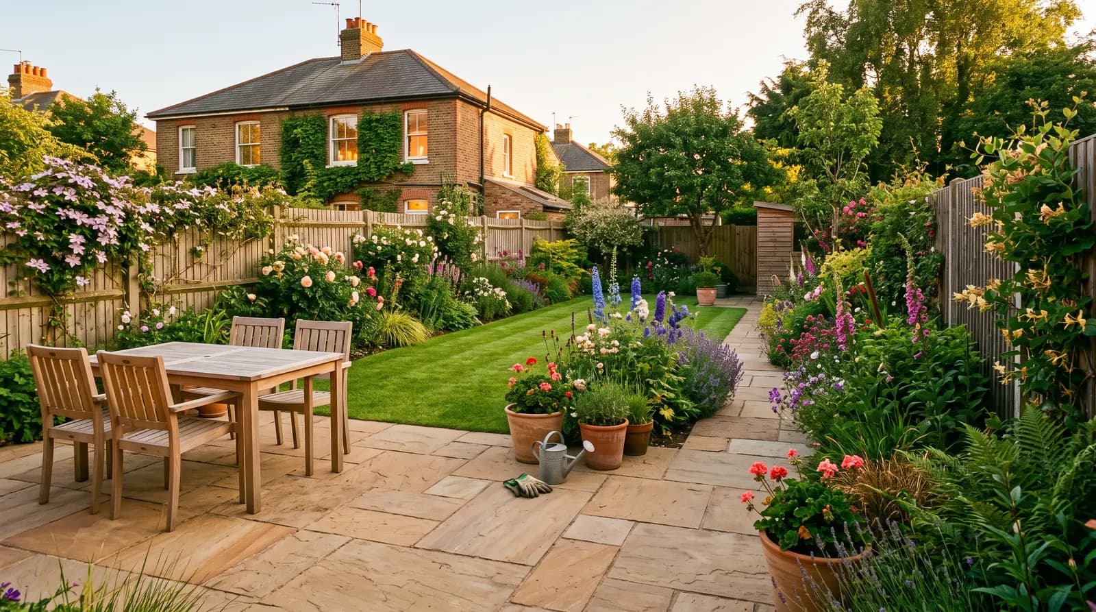 A finished garden with a new patio, fresh turf and planted borders in warm light, nobody in the picture