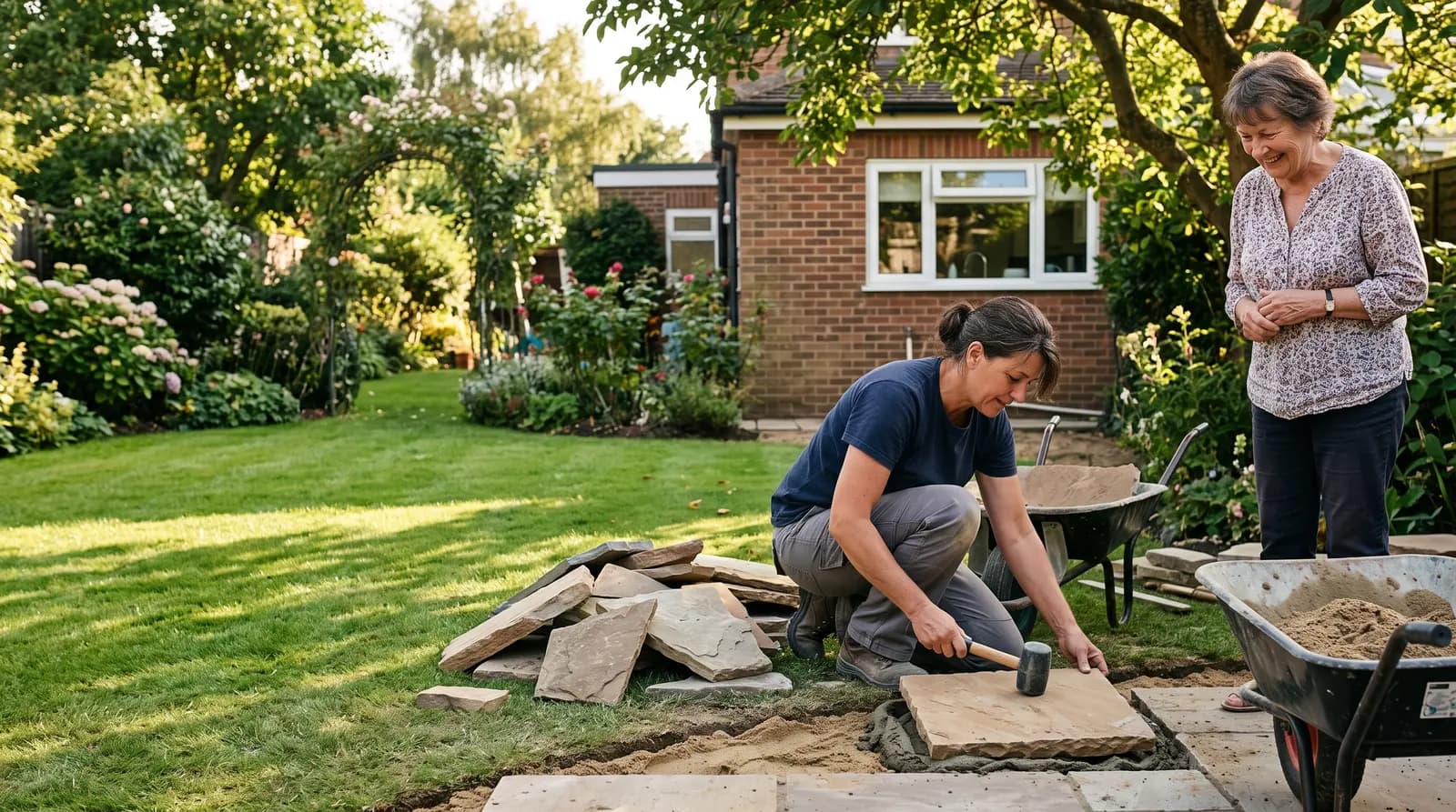 A landscaper laying a new patio in a UK back garden on a bright day, working a slab level