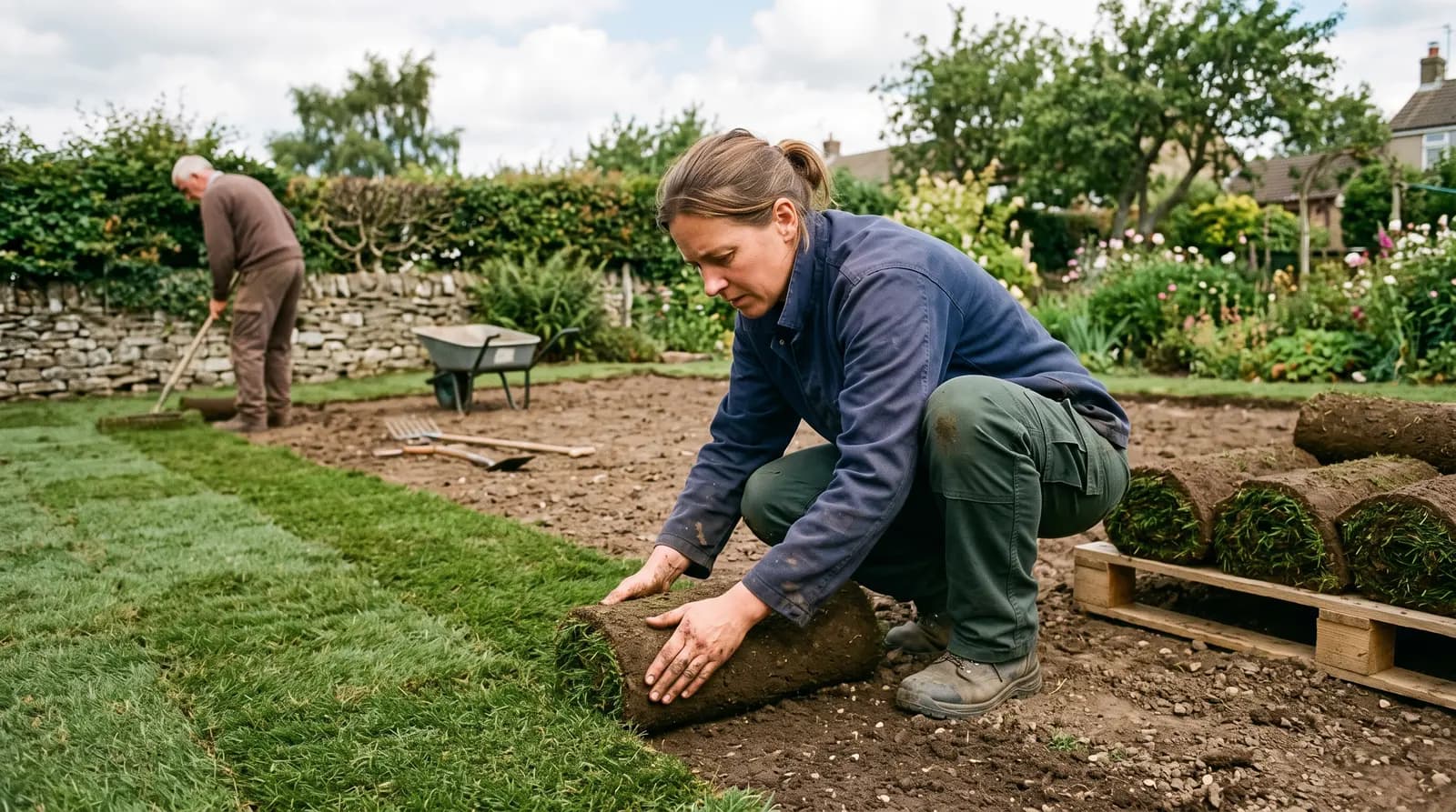 A landscaper rolling out fresh turf across a prepared garden bed, pressing it down neatly