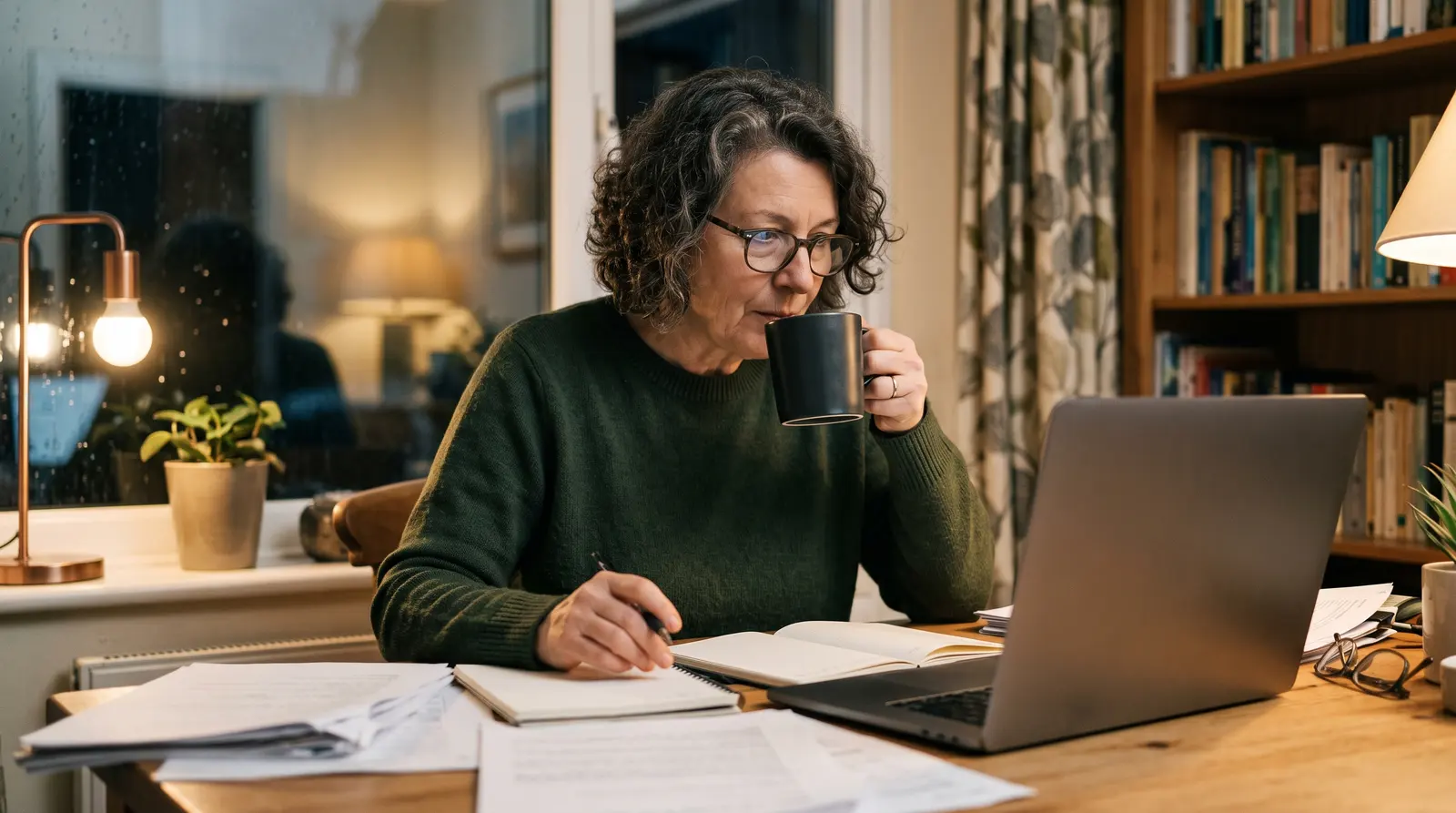 A language teacher at a desk in the evening planning lessons with a cup of tea, screen angled away