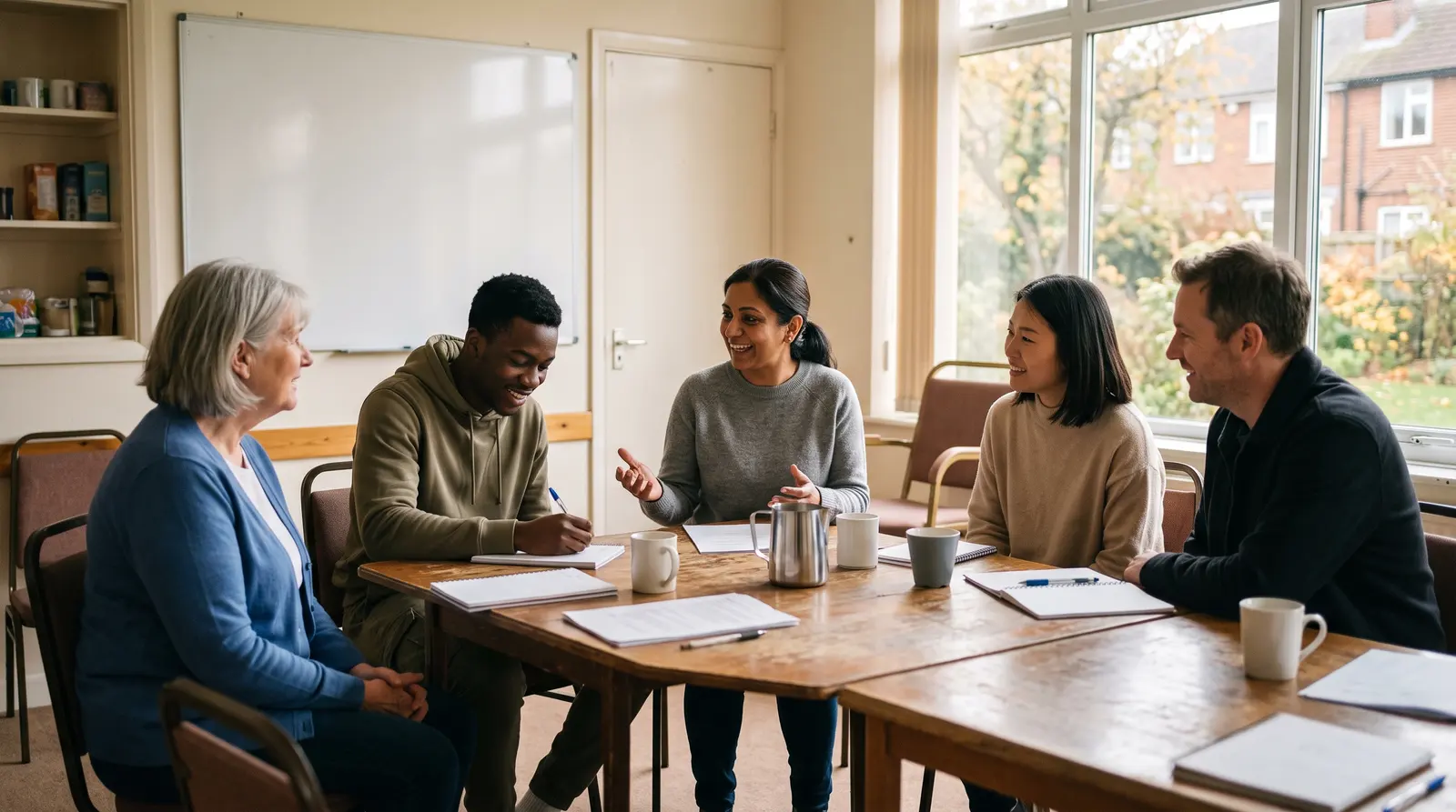 A language teacher leading a small group of adult learners around a table in a bright room