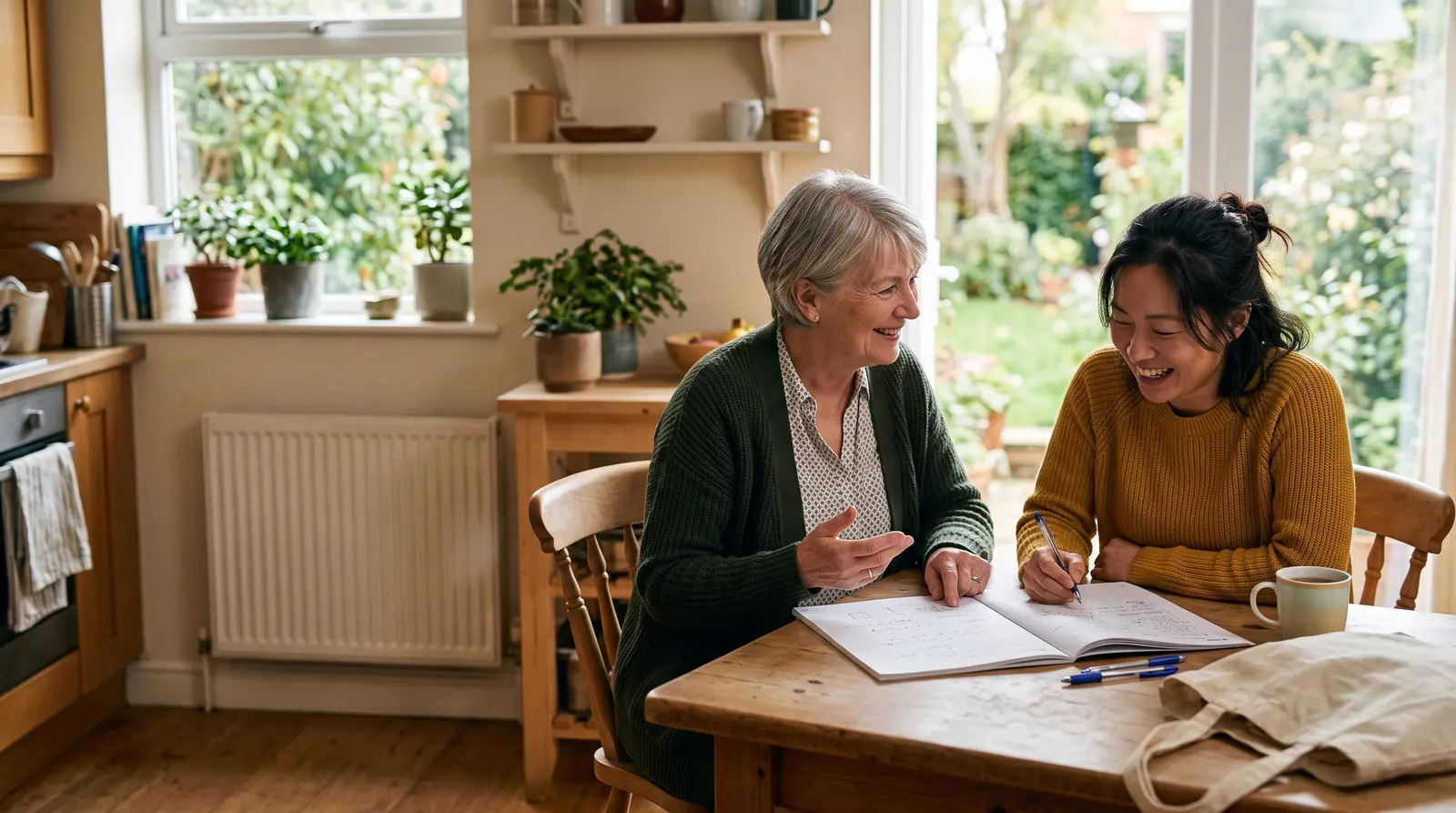A language teacher and an adult learner at a table in a bright room, mid-conversation and smiling