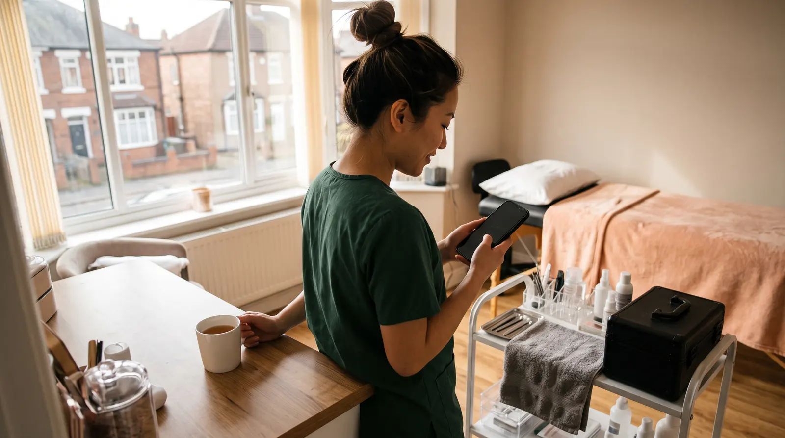 A lash technician checking her phone with a cup of tea while tidying her studio between clients