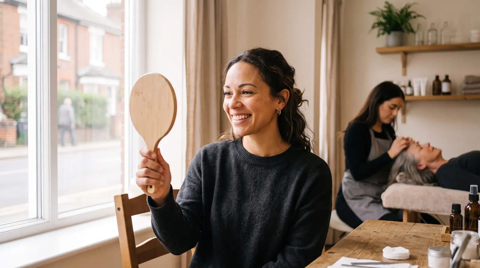 A woman admiring her new lash extensions in a hand mirror in a bright studio