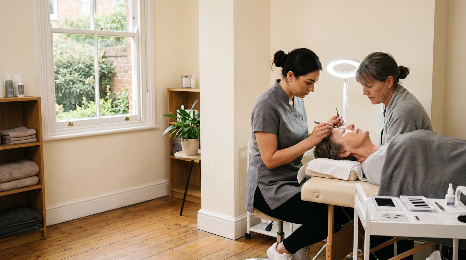 A lash technician applying individual lash extensions to a client on a treatment couch in a calm, bright home studio
