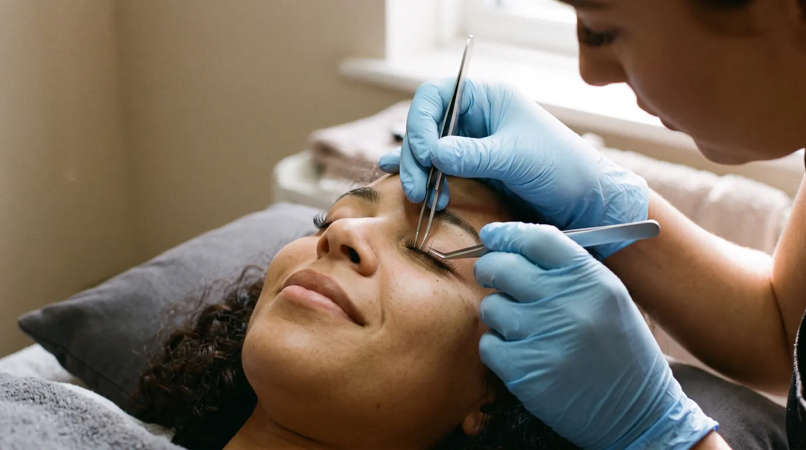 Close-up of a lash technician applying an extension with fine tweezers to a client with eyes gently closed