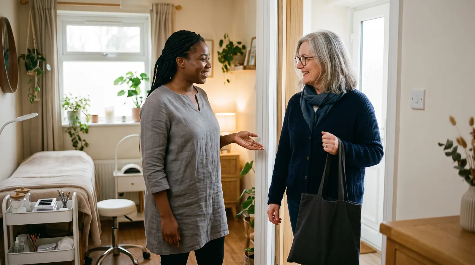 A lash technician welcoming a returning client into her small, calm home studio